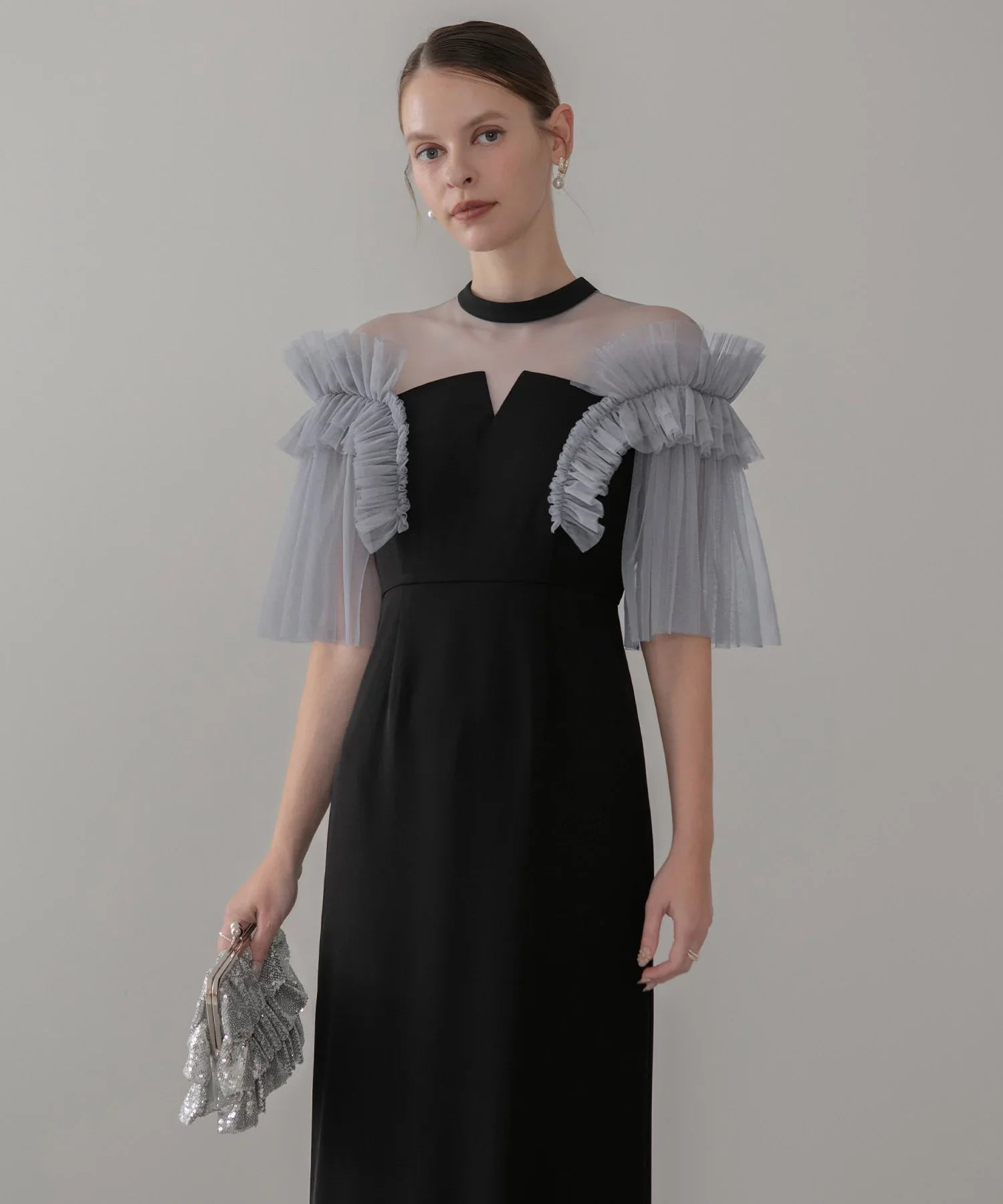 【当日発送】チュールフリルショルダーシアーIラインワンピースドレス