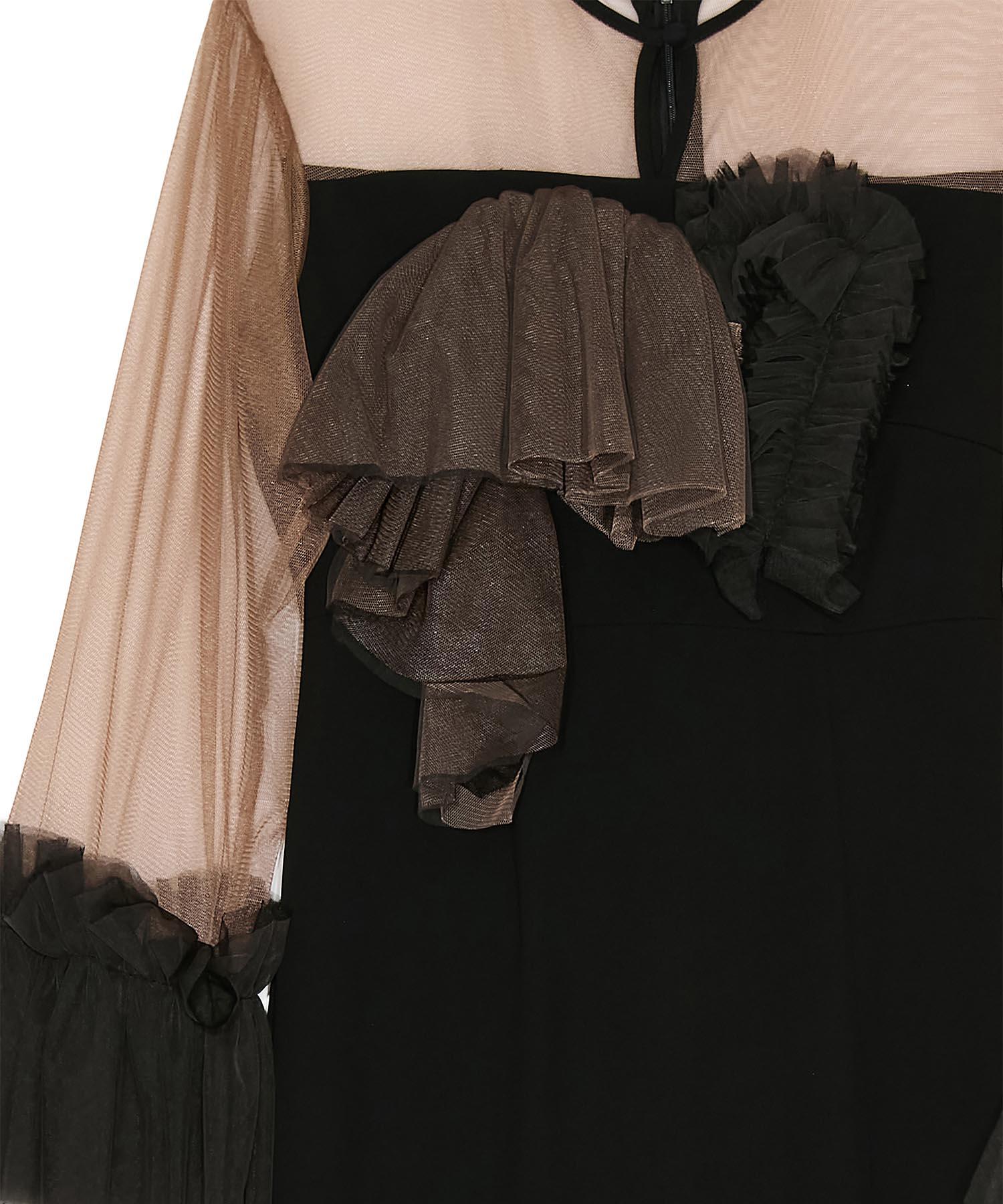 【当日発送】チュールフリルスリーブIラインワンピースドレス