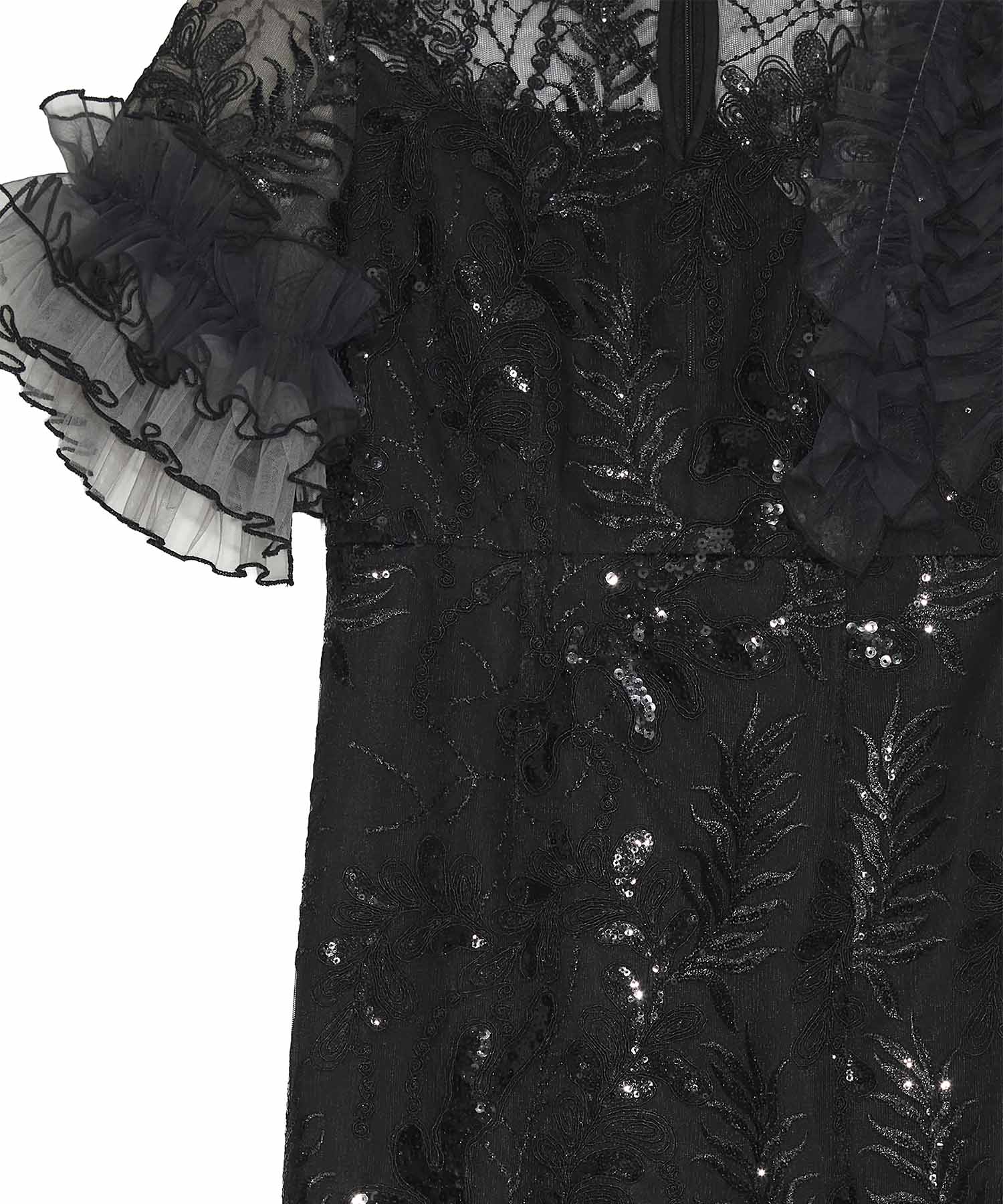 【一部当日発送】アシンメトリーチュールフリルスパンコールIラインワンピースドレス