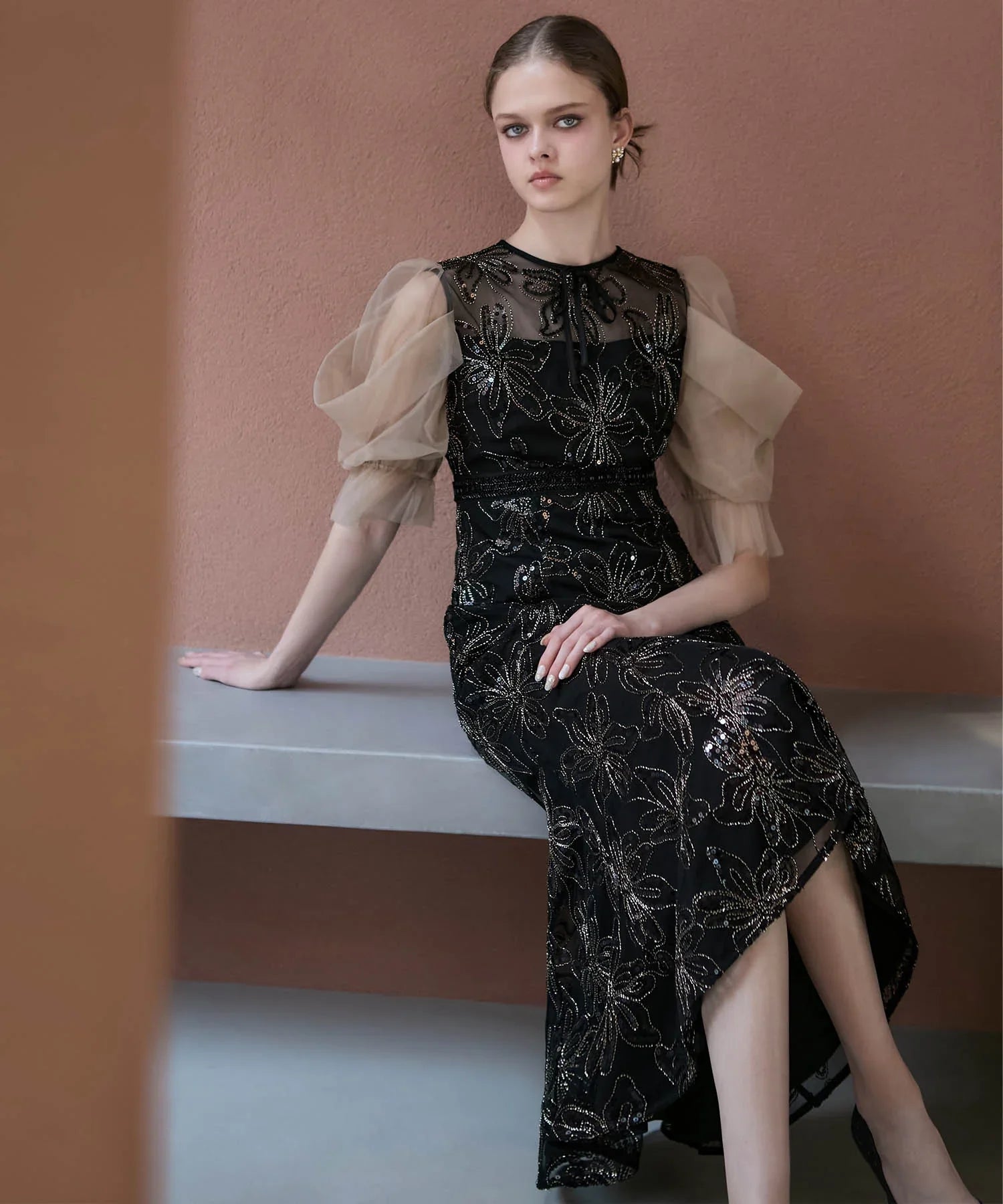 【予約販売】スパンコールフラワーリボンチュールワンピースドレス