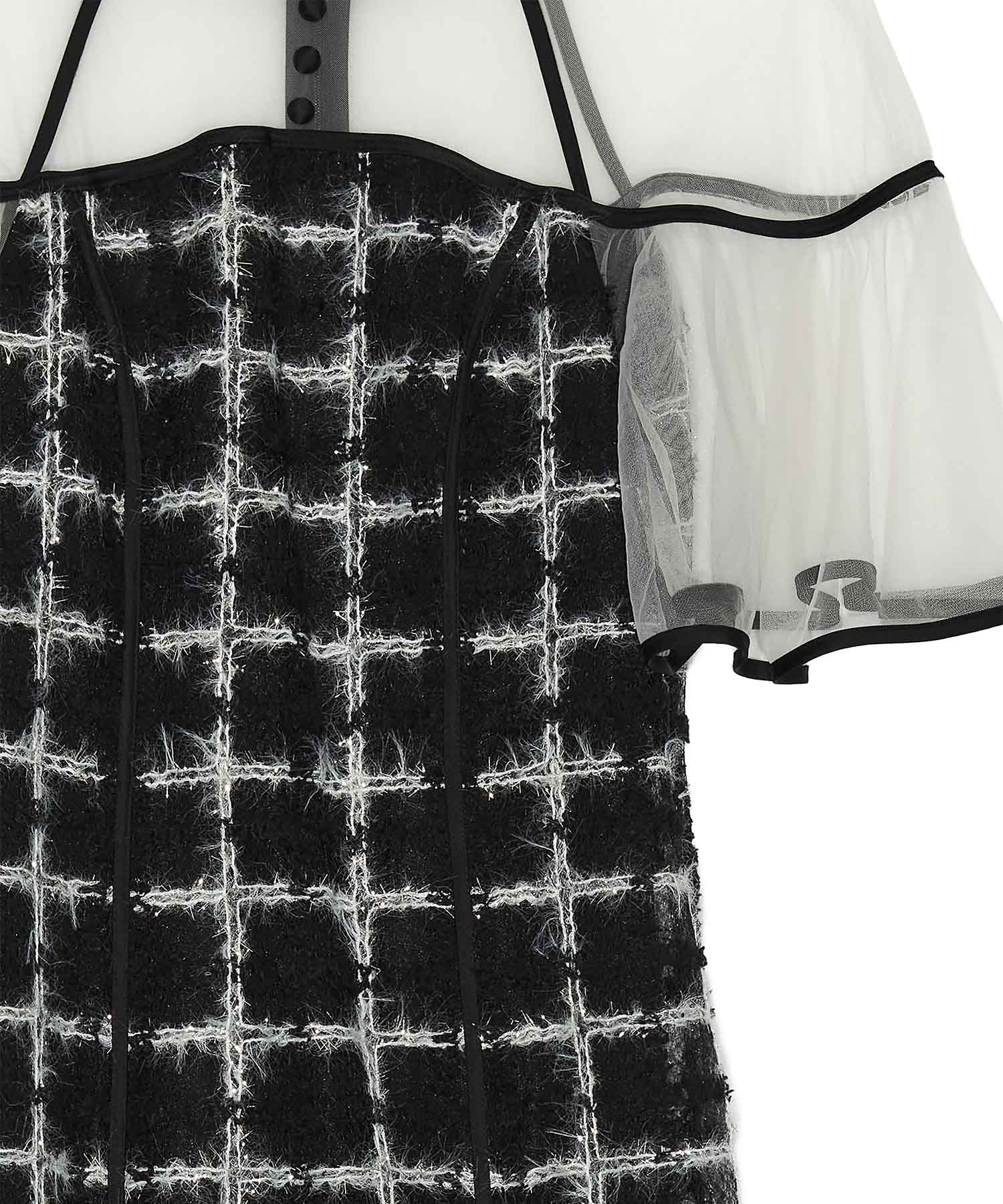 当日発送】ラメシャギーツイードチェックフリルマーメイドワンピースドレス