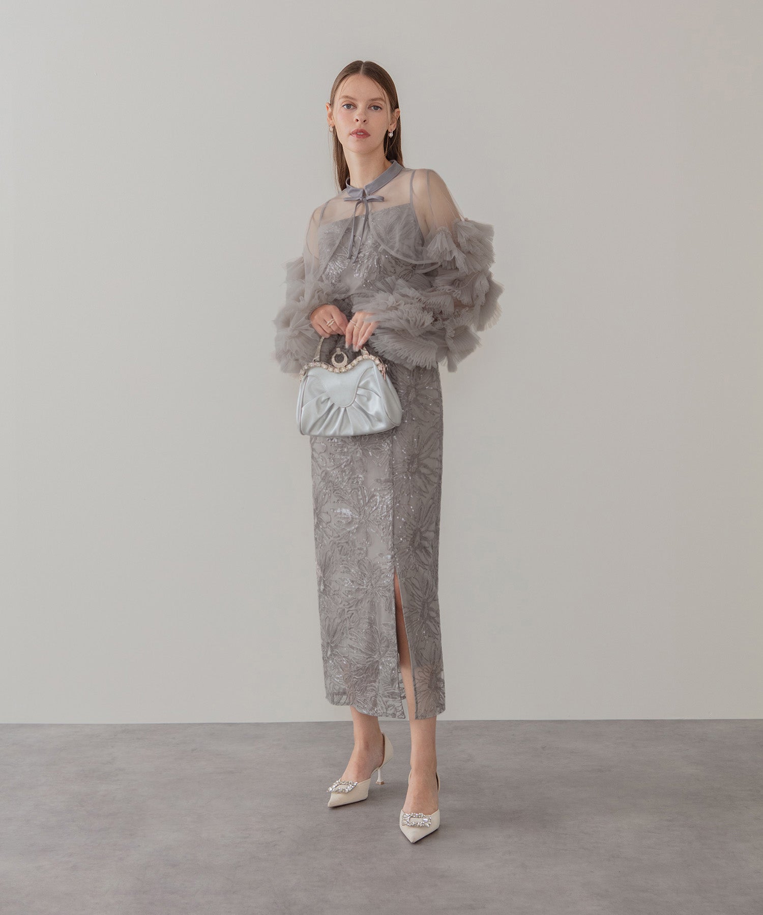 【一部当日発送】フリルチュールスリーブリボンIラインワンピースドレス