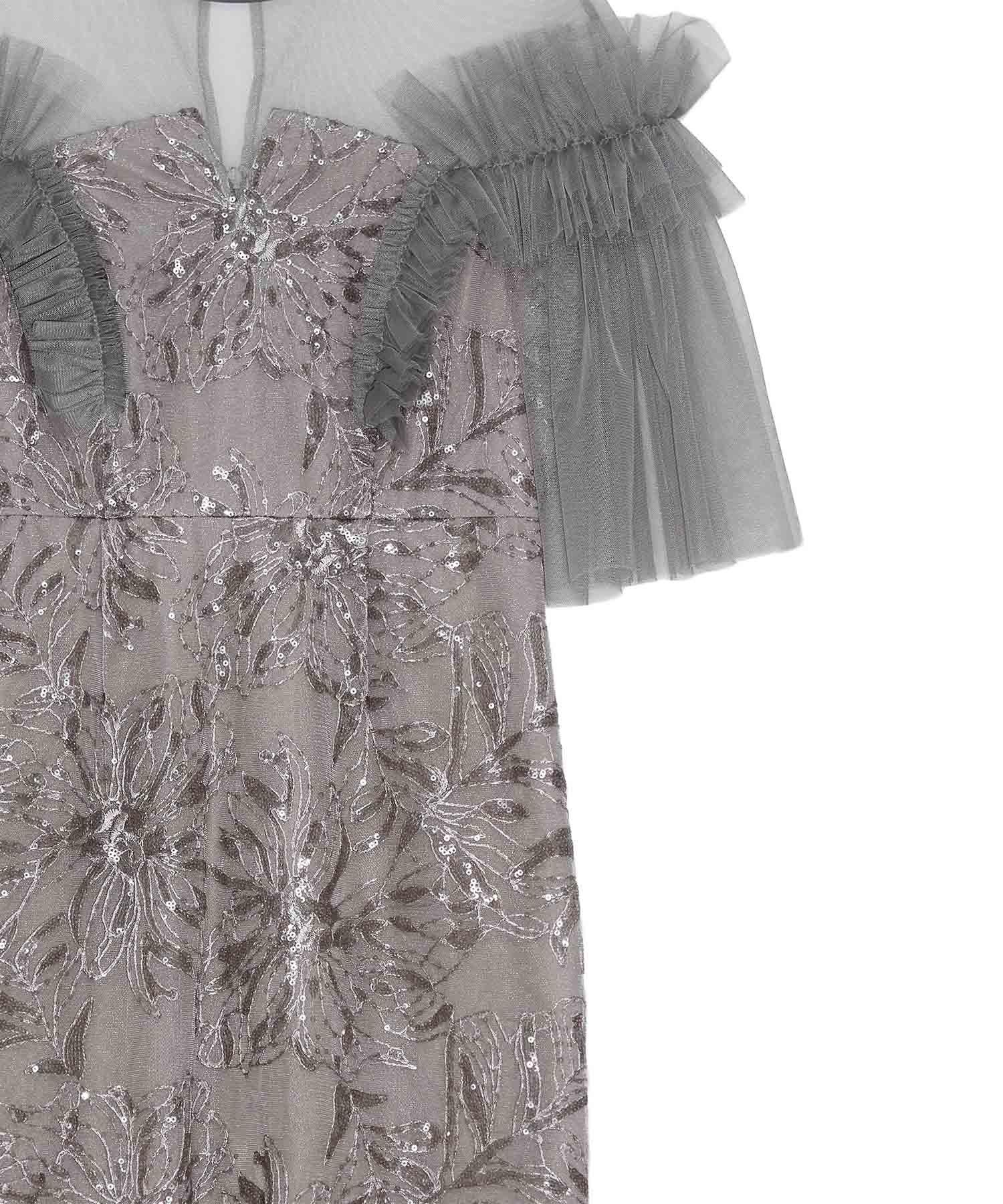 【当日発送】チュールフリルショルダーシアーIラインワンピースドレス