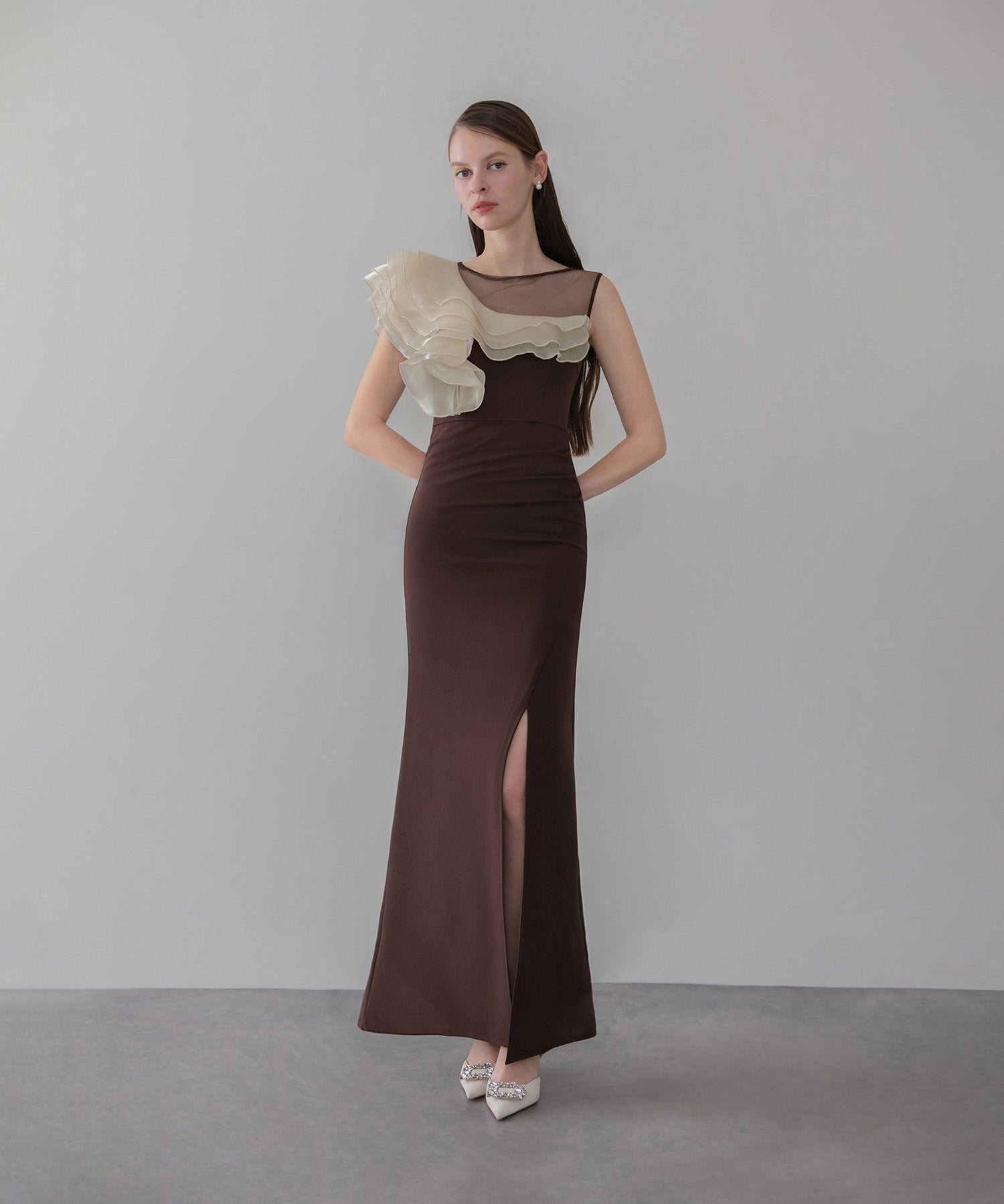 【当日発送】アシンメトリーフリルスリットマーメイドドレス