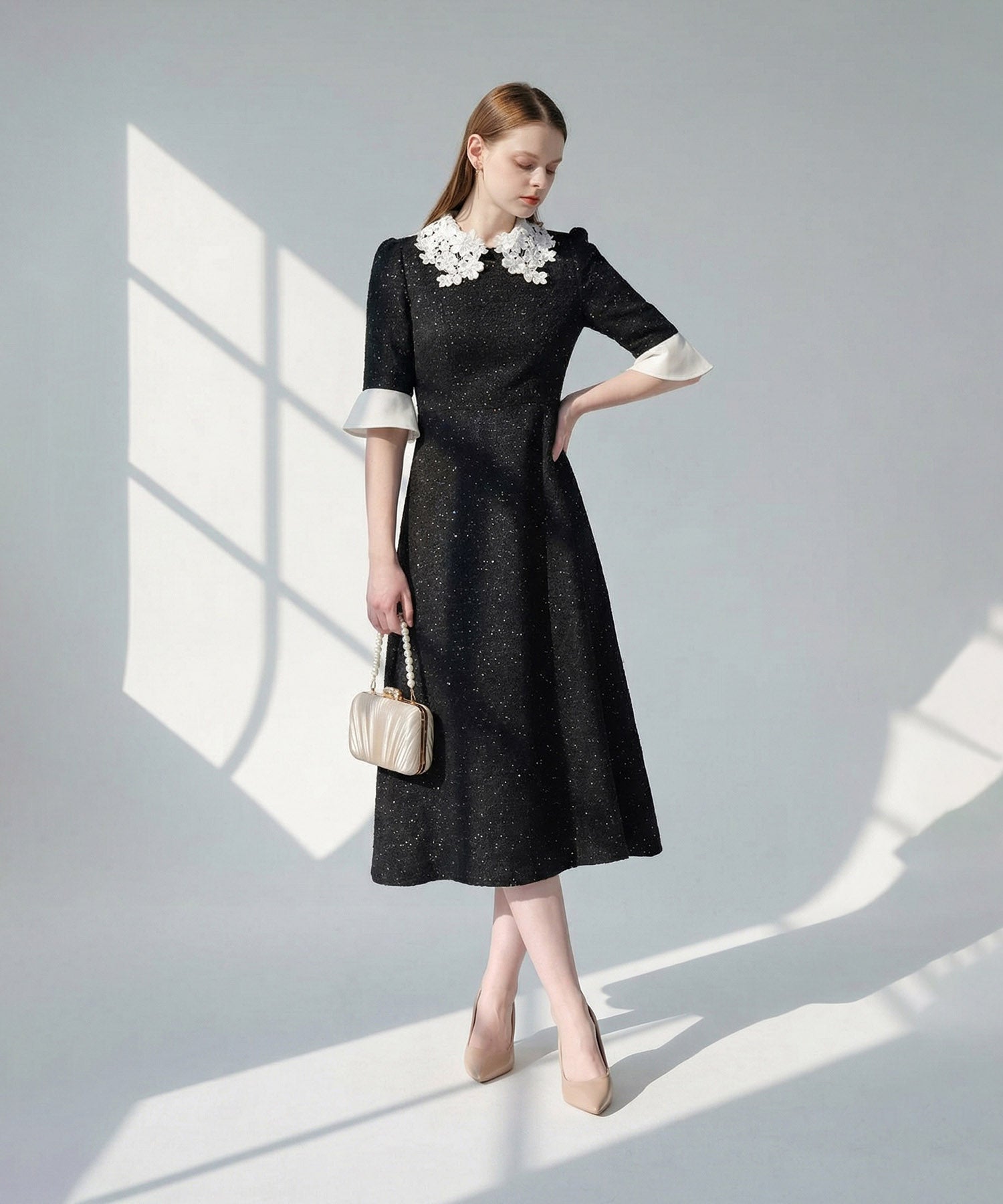 [Same-day shipping] Floral lace collar sequin A-line dress