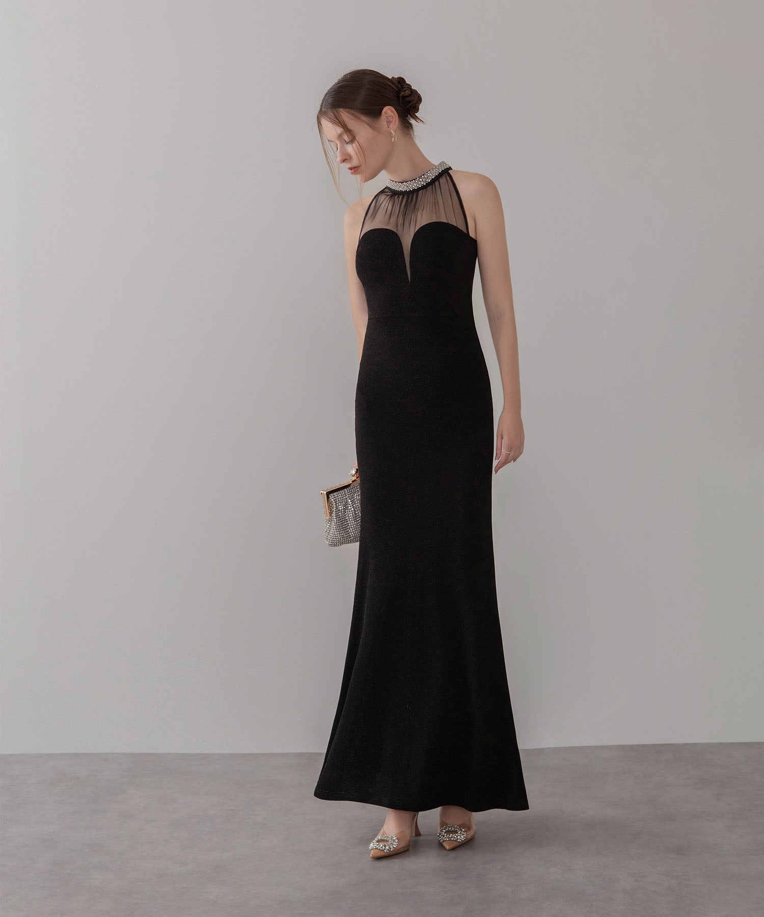 【LEJA LUXE】シアーネックビジューデザインブラックマーメイドロングドレス