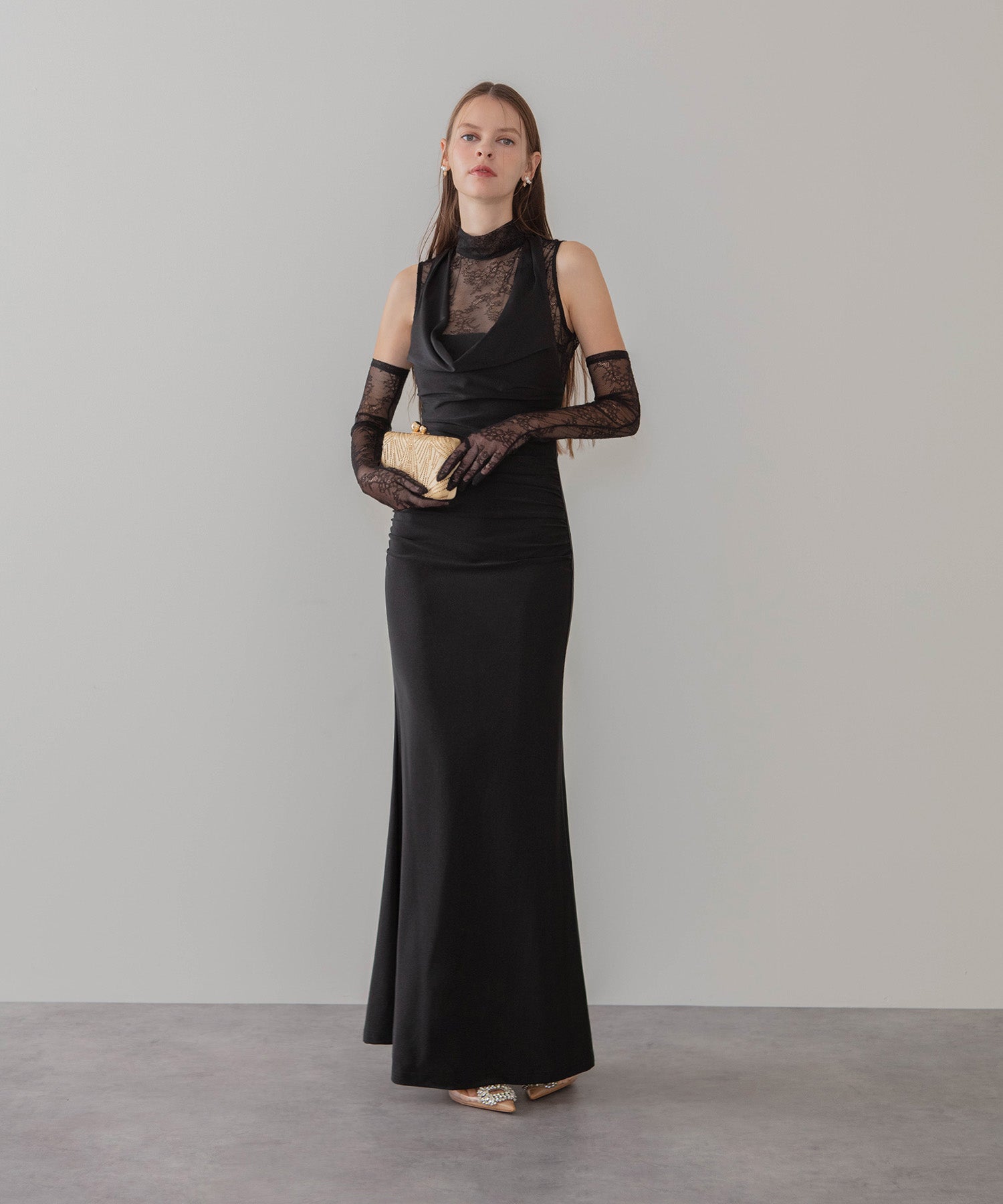 【LEJA LUXE】2WAYシアーレースグローブクラシックブラックマーメイドドレス