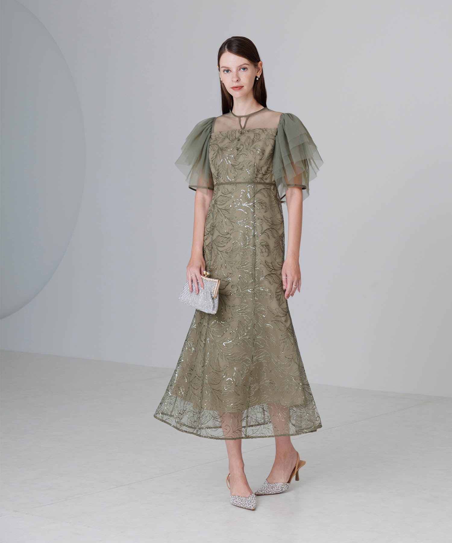 【当日発送】チュールスリーブボタニカルマーメイドワンピースドレス