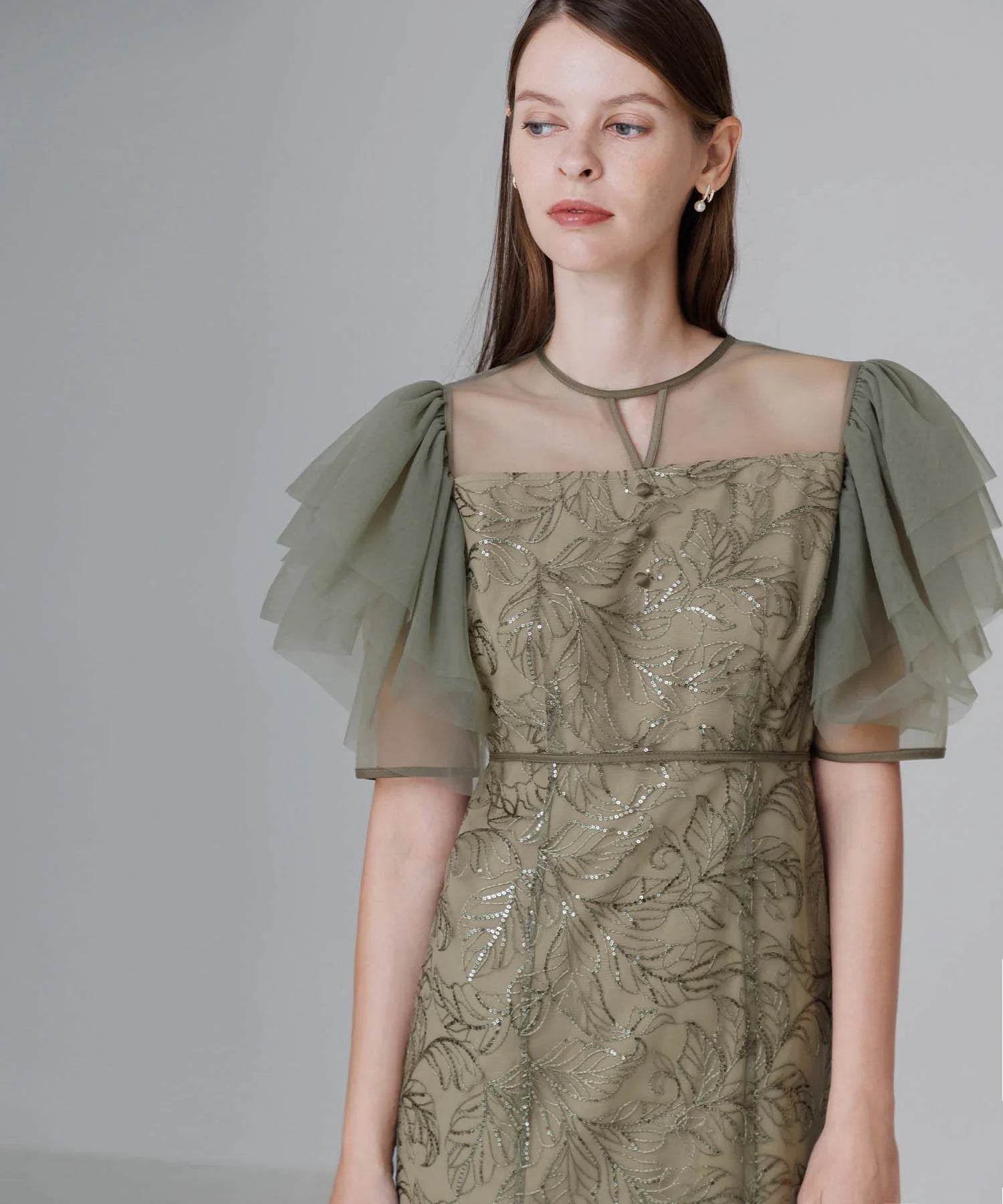 【当日発送】チュールスリーブボタニカルマーメイドワンピースドレス