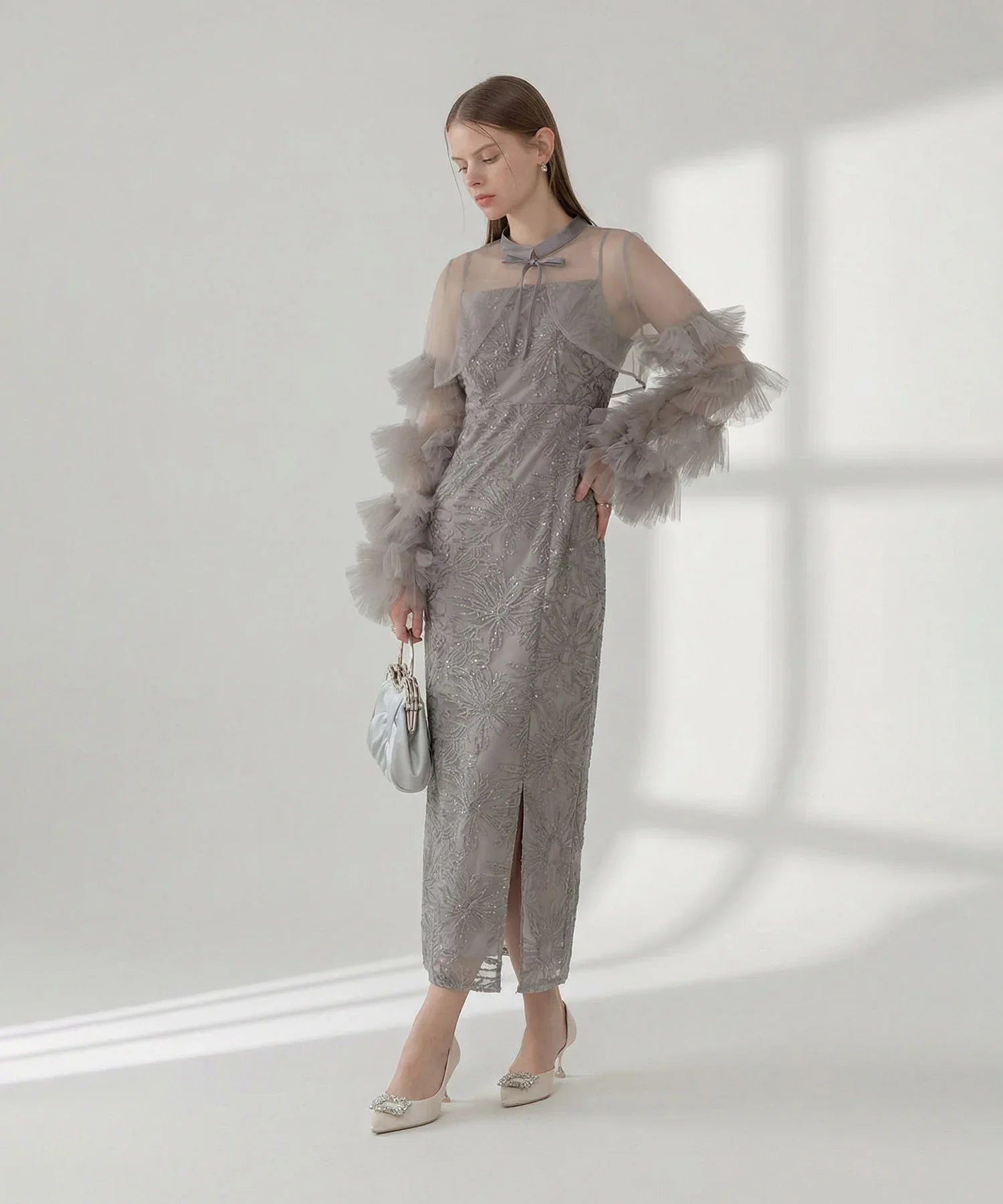 【一部当日発送】フリルチュールスリーブリボンIラインワンピースドレス