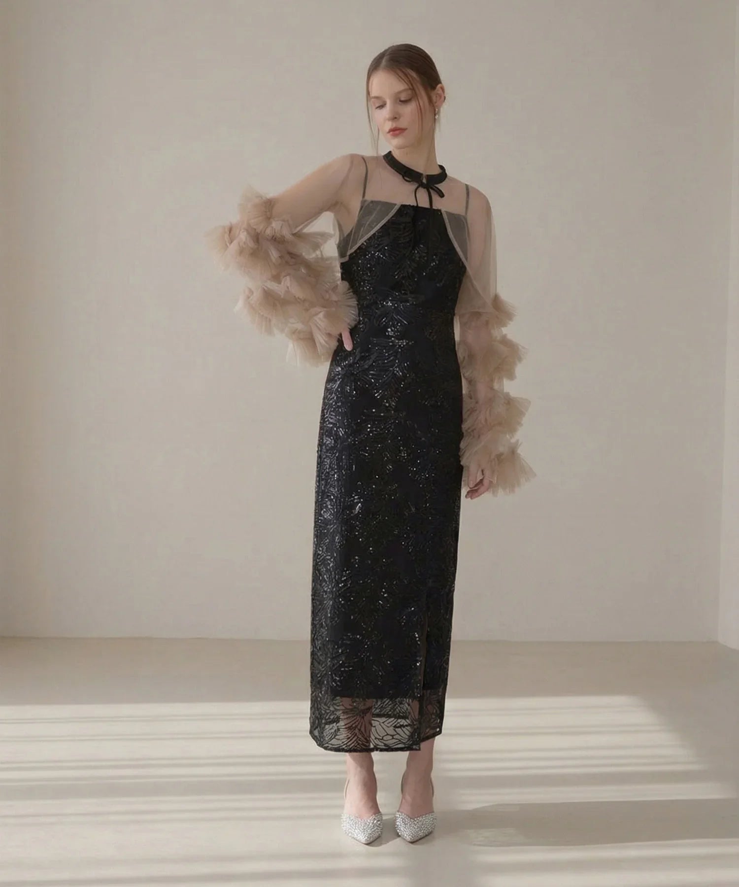 一部当日発送】フリルチュールスリーブリボンIラインワンピースドレス