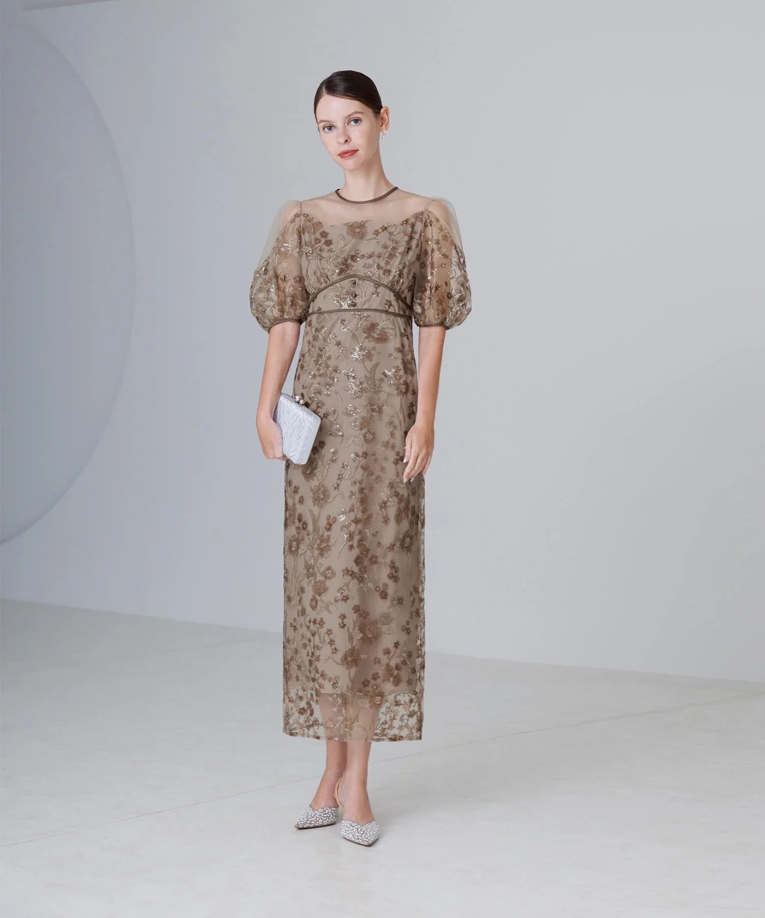 【一部当日発送】フラワーディテールパフスリーブIラインワンピースドレス