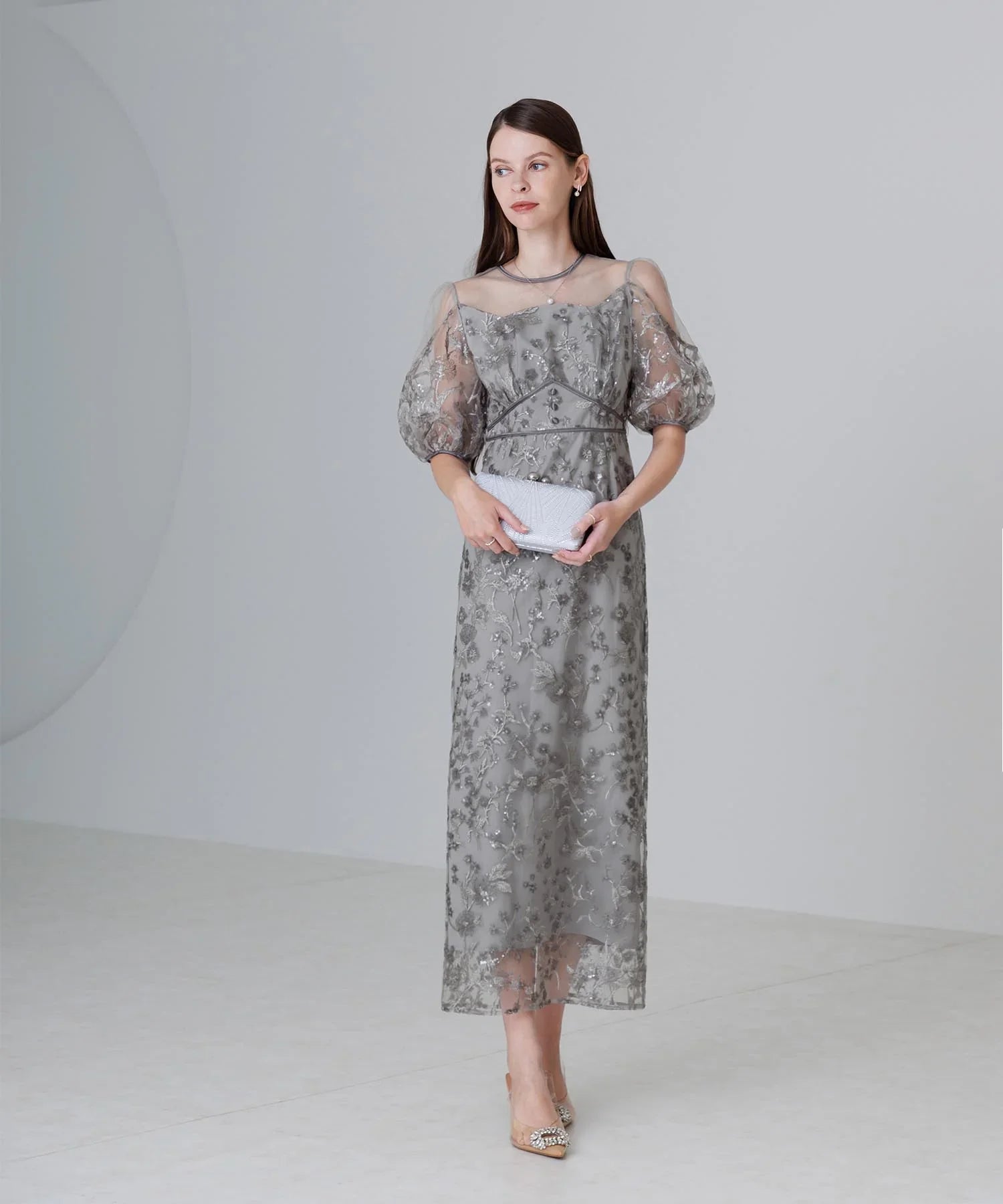 【一部当日発送】フラワーディテールパフスリーブIラインワンピースドレス