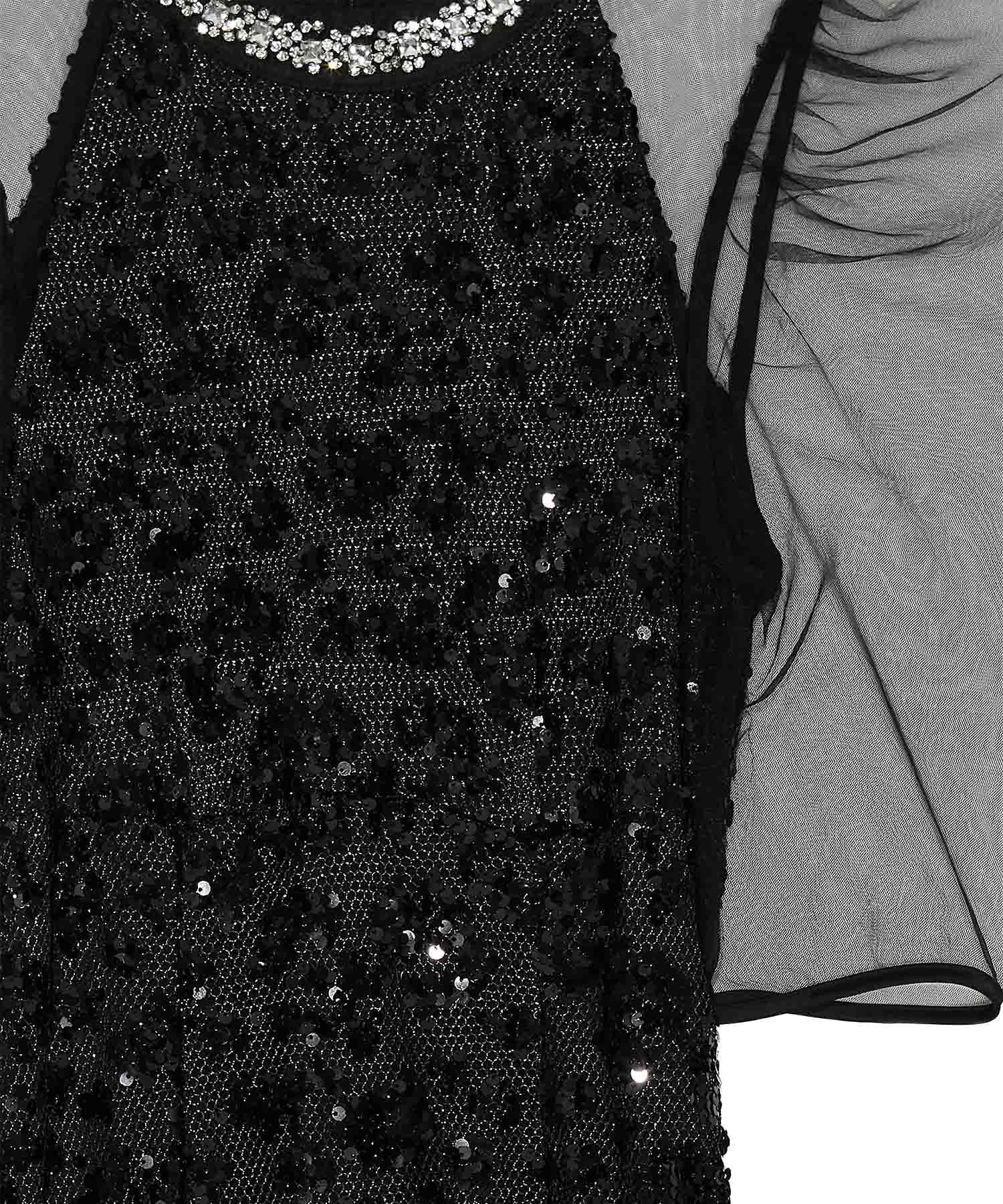 予約販売】ビジューネックスパンコールシアーマーメイドワンピースドレス