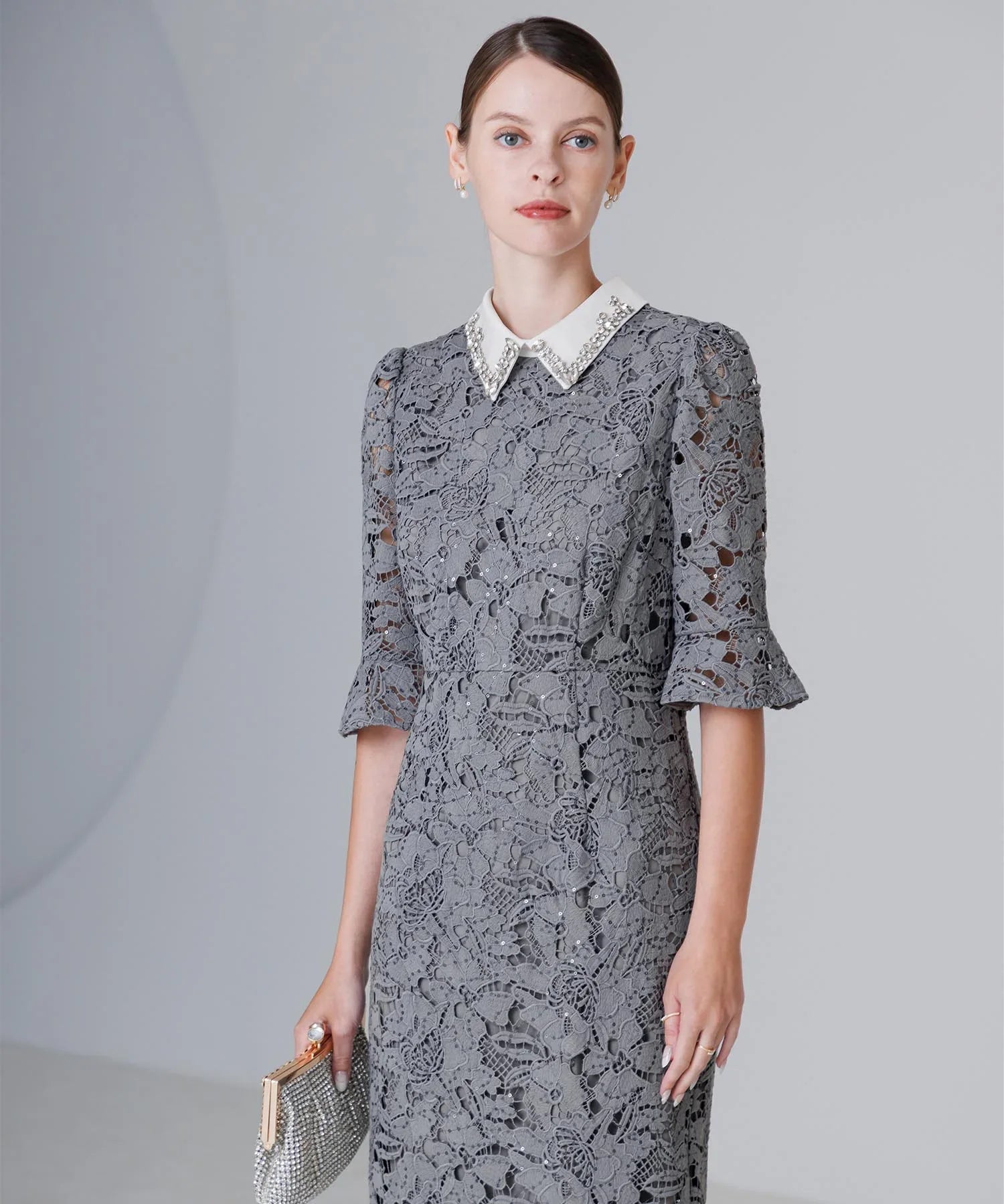 当日発送】ビジューカラーフラワーフリルマーメイドワンピース