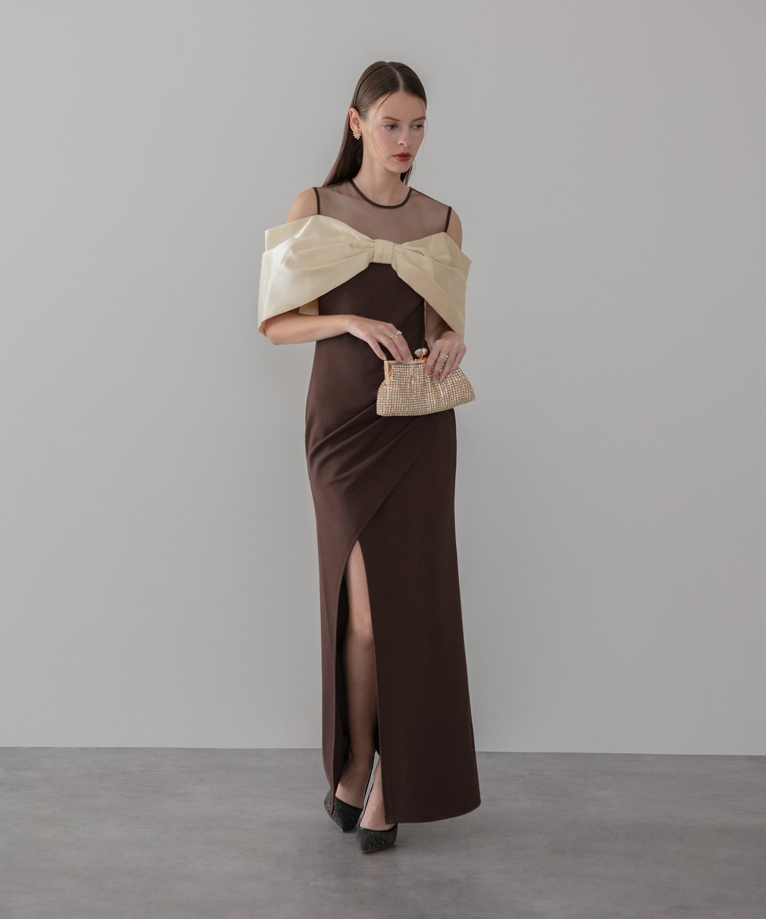 【LEJA LUXE】ビッグリボンシアーショルダードレープロングドレス