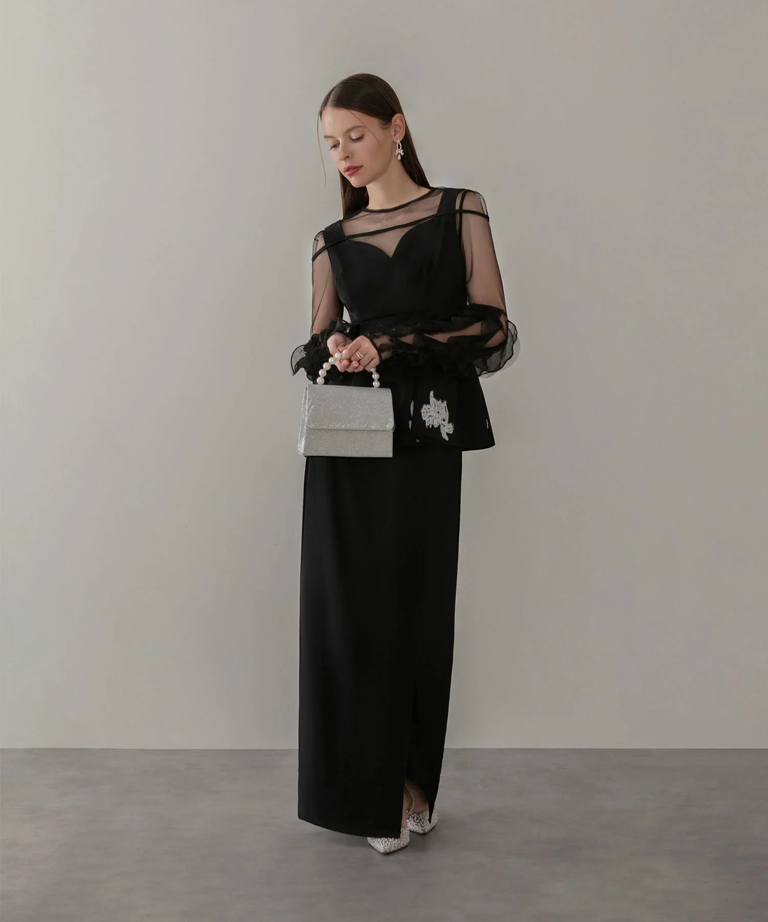 当日発送】シアースリーブフリルペプラムタイトスカートセットアップドレス