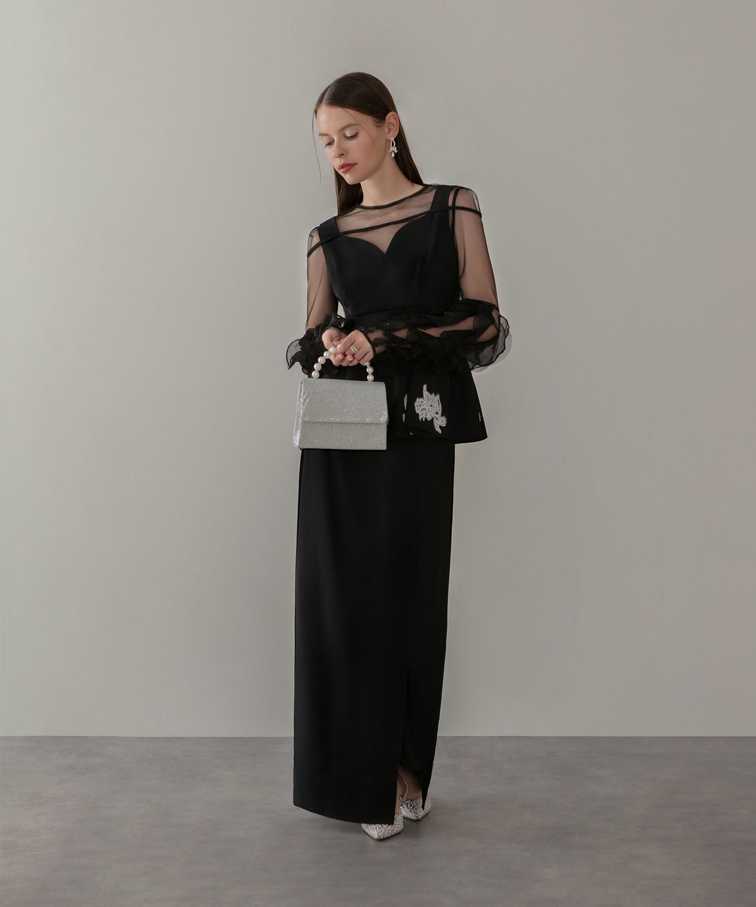 【当日発送】シアースリーブフリルペプラムタイトスカートセットアップドレス