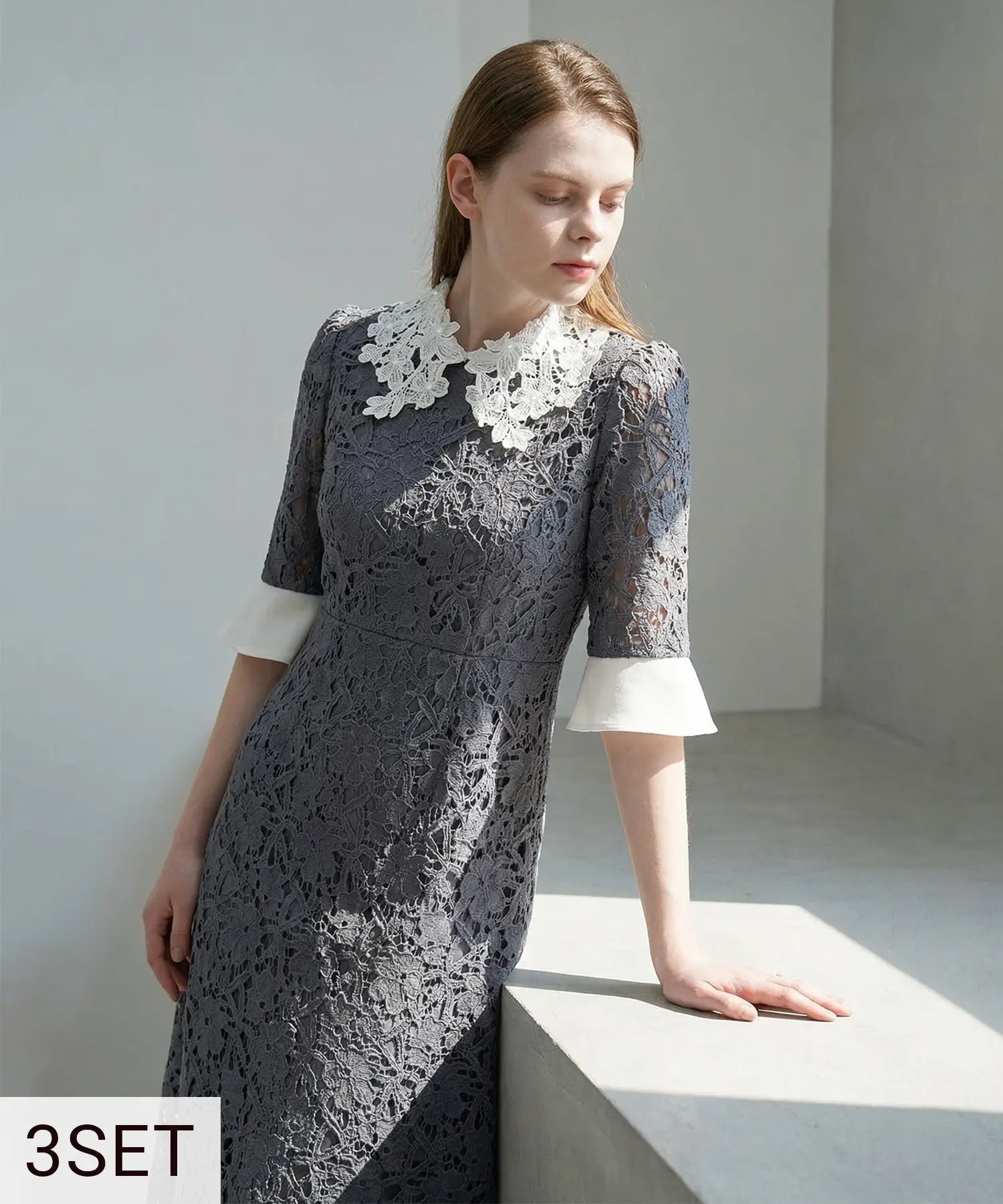 【低身長向け3点セット】花柄レースカラードレス+2WAYグリッターバッグ＋カーブラインパールピアス