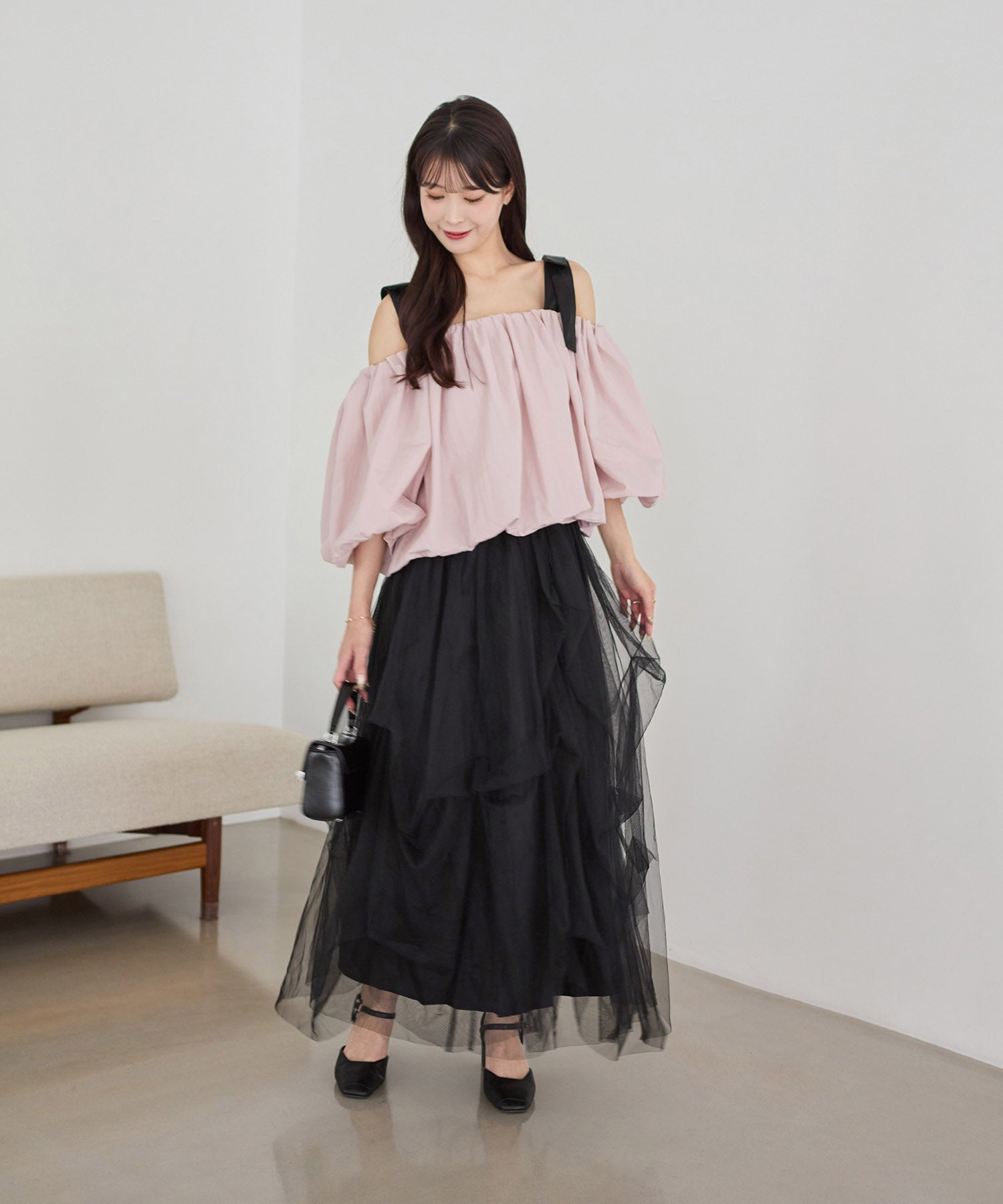 COMING SOON】2WAYショルダーリボンバルーンオフショルトップス