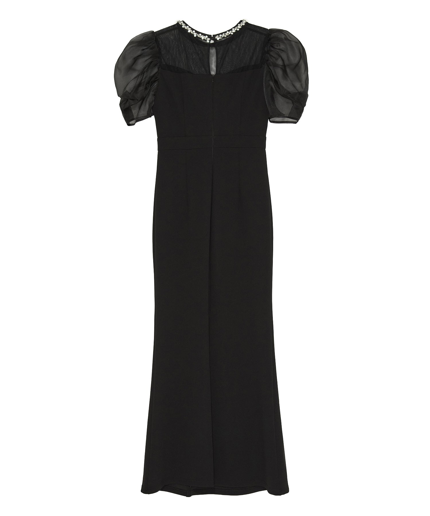 【予約販売】ビジューネックリボンシアーオーガンジーパフスリーブIラインドレス