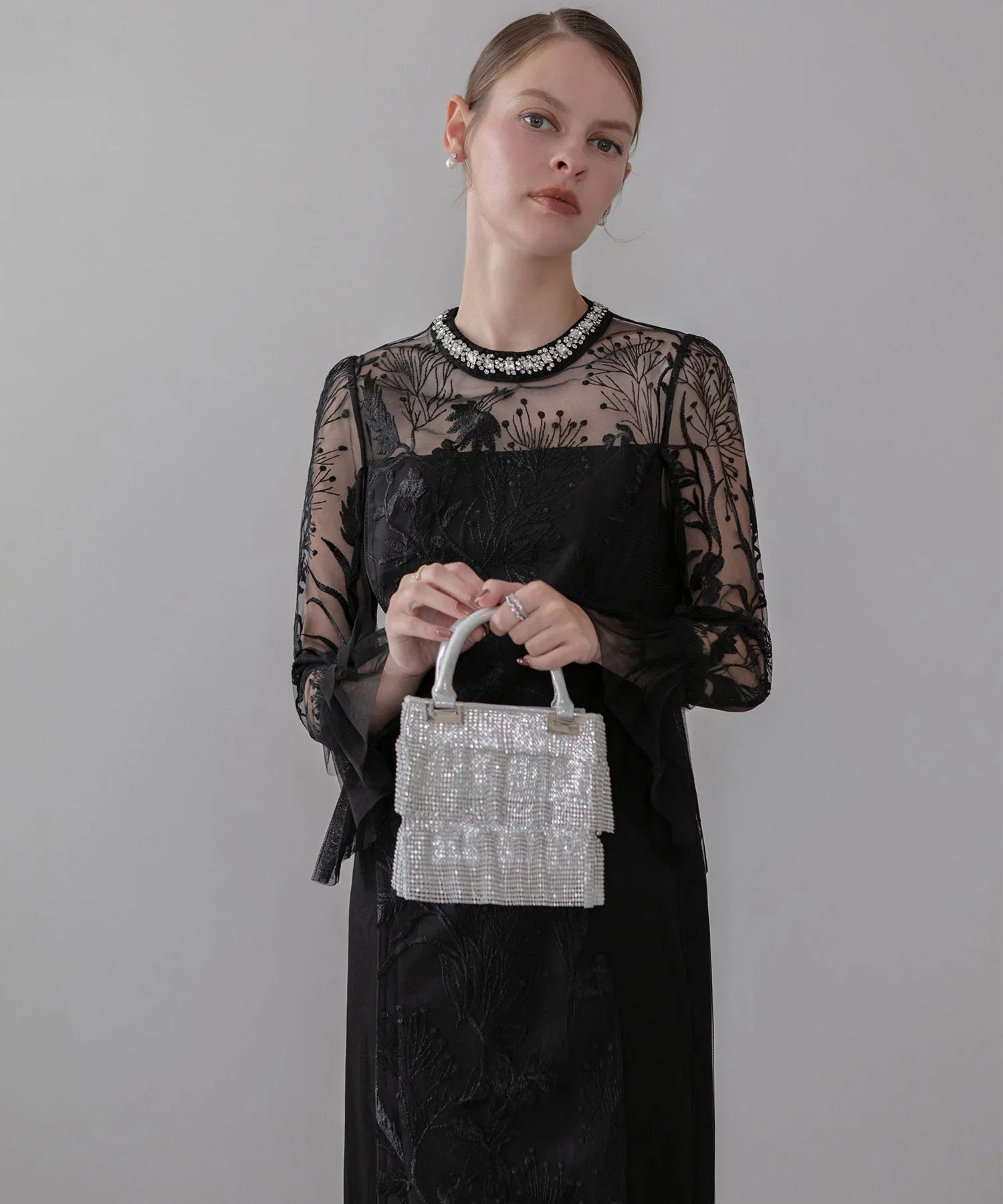 当日発送】フラワーレースジュエルカラーIラインワンピースドレス