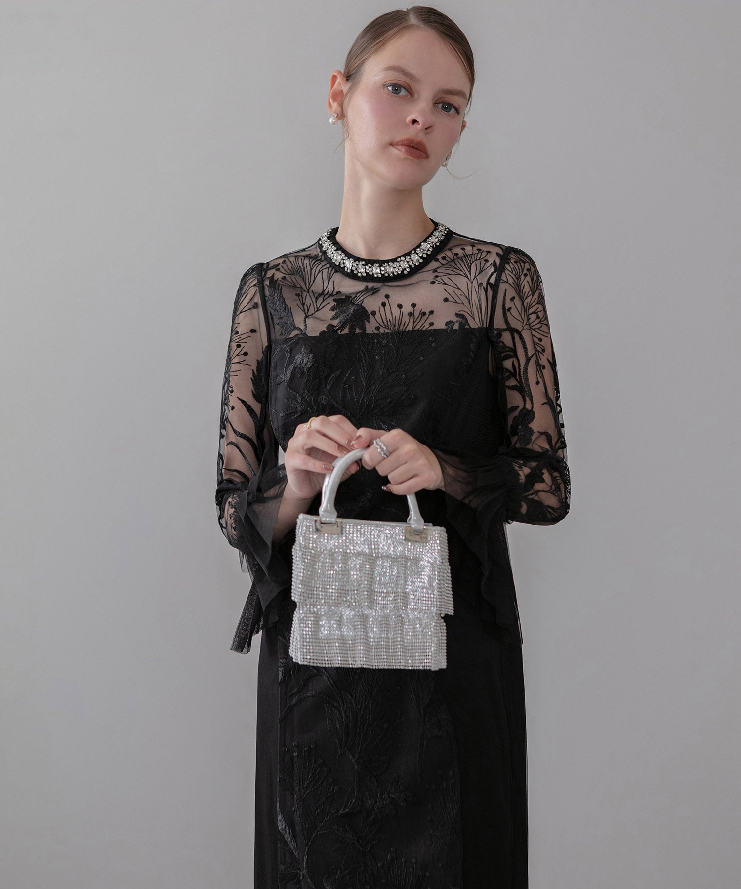 【当日発送】フラワーレースジュエルカラーIラインワンピースドレス