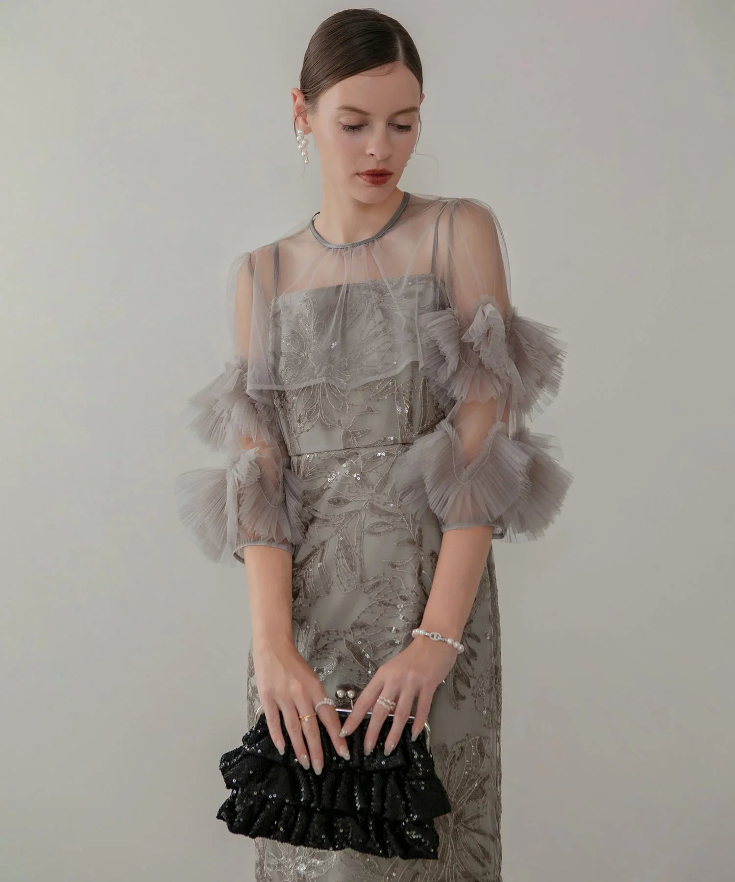 leja フリルチュールスリーブリボンIラインワンピースドレス 一部当日発送】フリルチュールスリーブリボンIラインワンピース