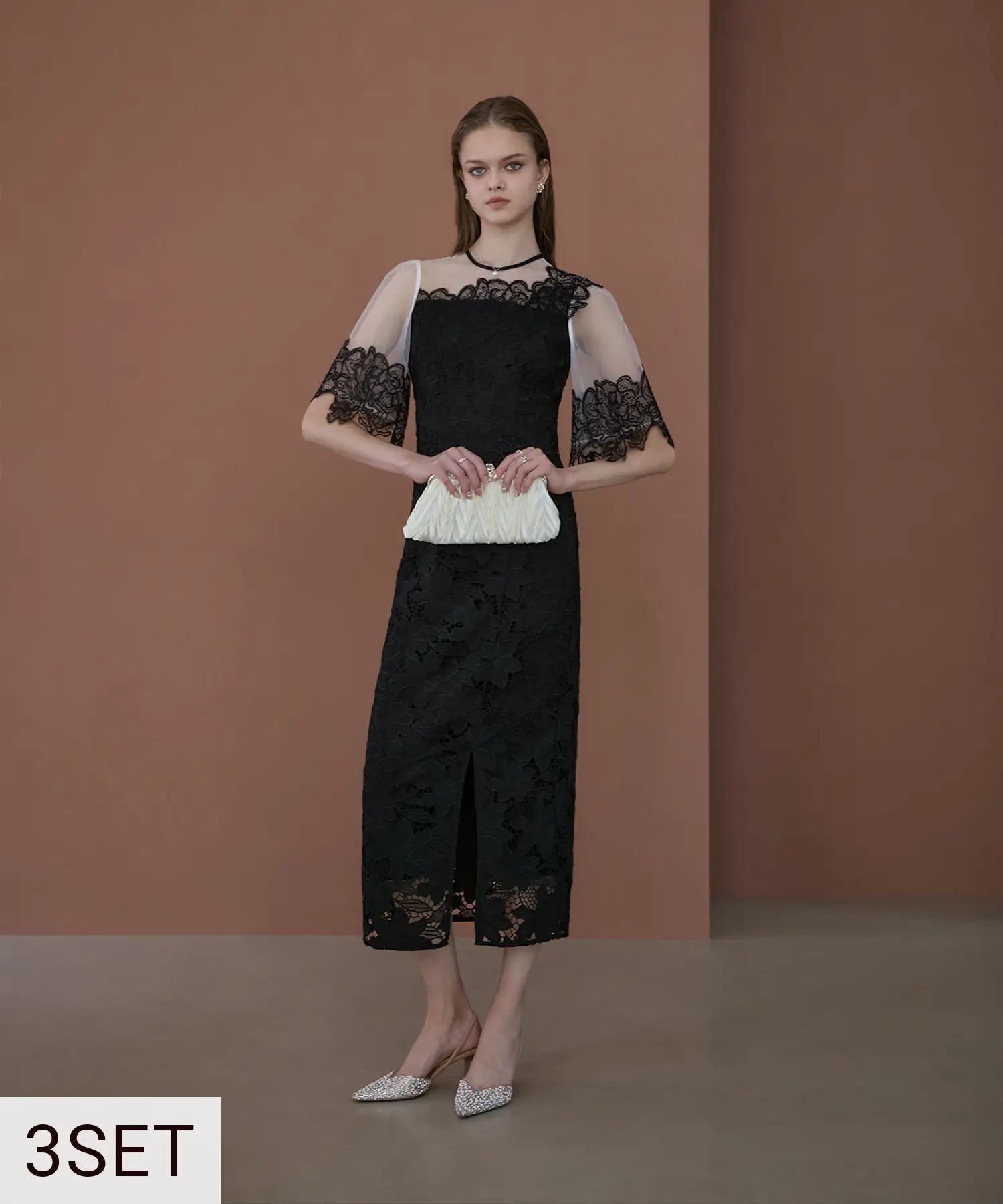 【低身長向け3点セット】シアーレースフラワーIラインドレス+4WAYプリーツパールハンドバッグ＋パールビジューブレスレット