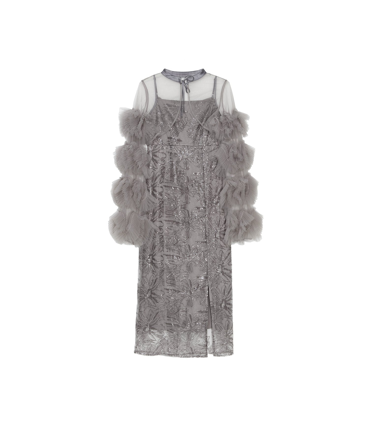 一部当日発送】フリルチュールスリーブリボンIラインワンピースドレス