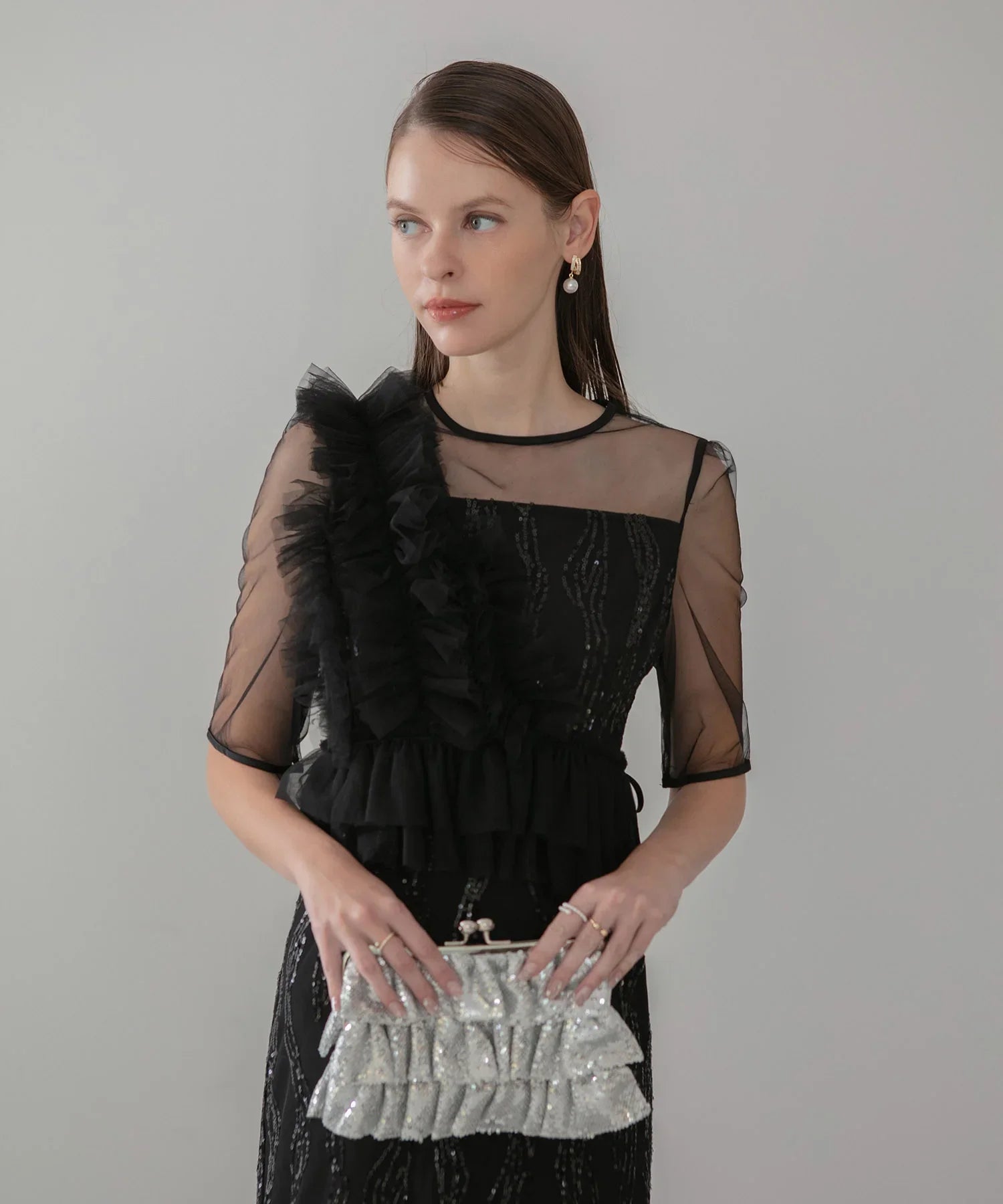 【当日発送】アシンメトリーフリルチュールIラインワンピースドレス