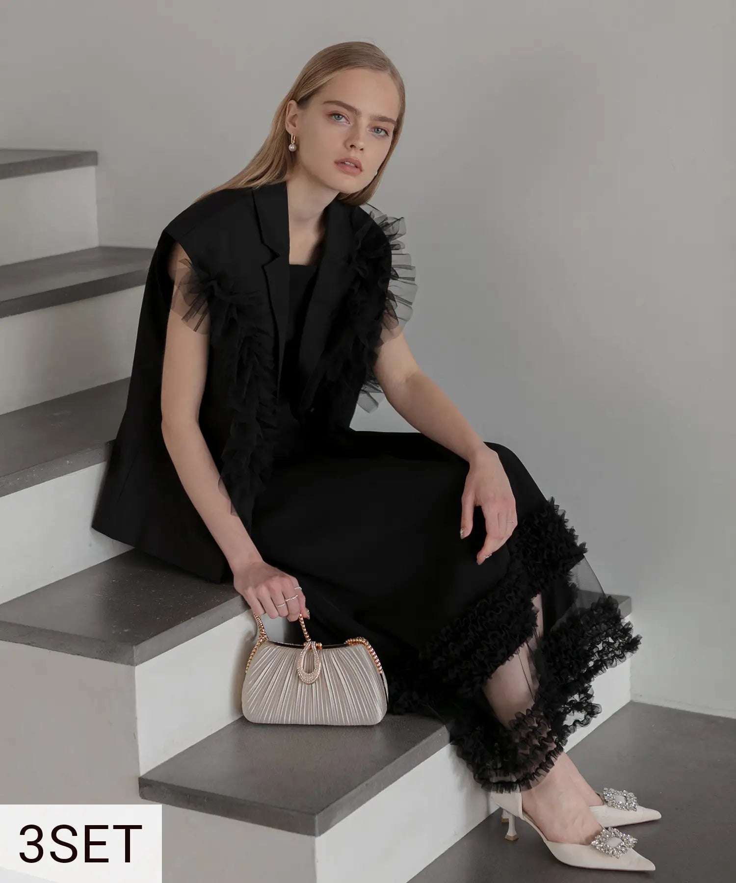 【骨格ナチュラル3点セット】チュールフリルセットアップドレス+2WAYプリーツビジューバッグ＋ストーンパールリボンピアス