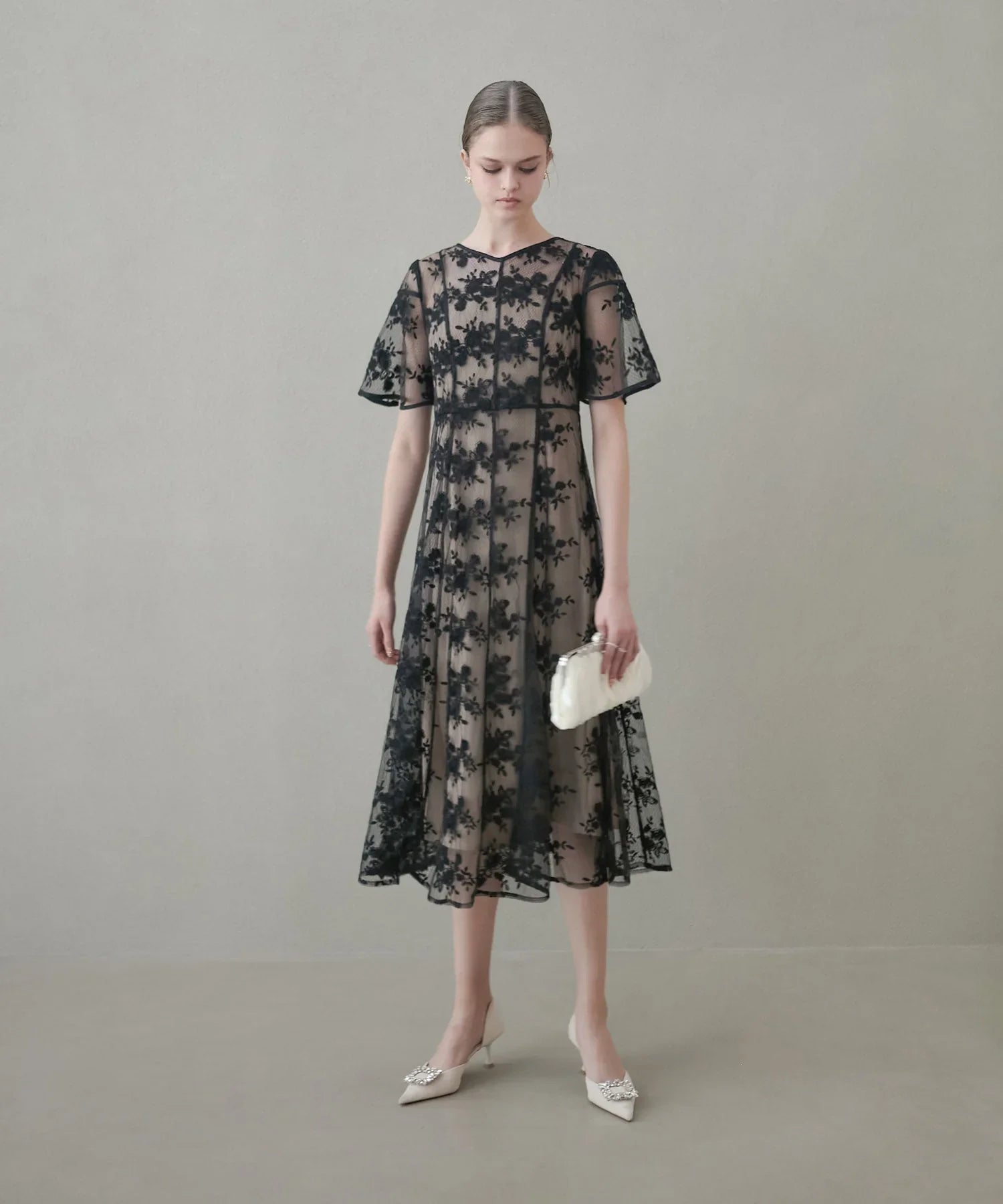 [Same-day shipping] Floral back ribbon dress set-up dress