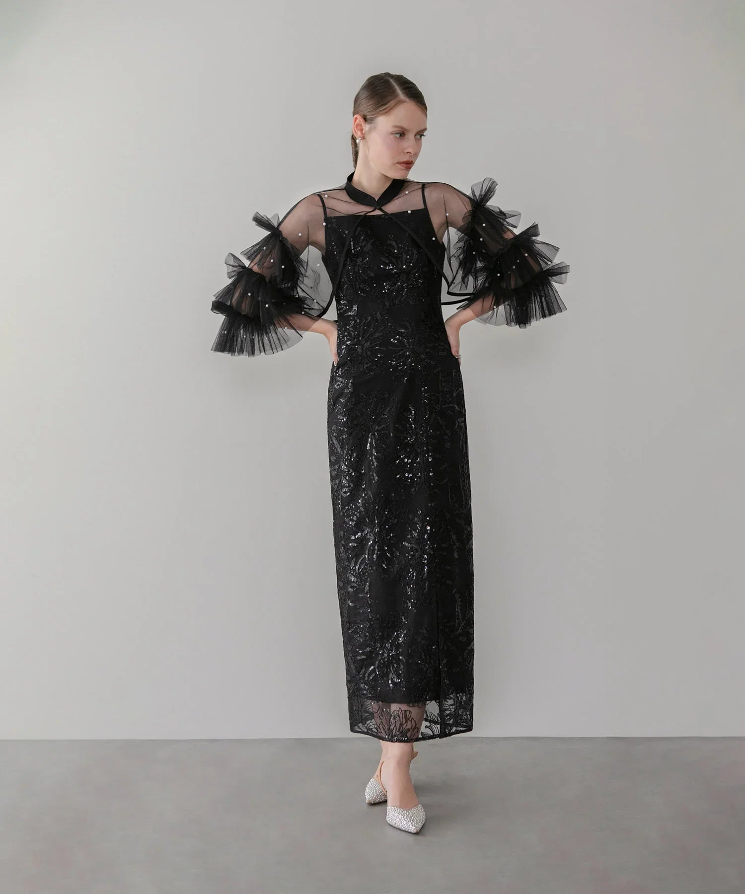 【一部当日発送】パールフリルチュールボレロレイヤードIラインワンピースドレス