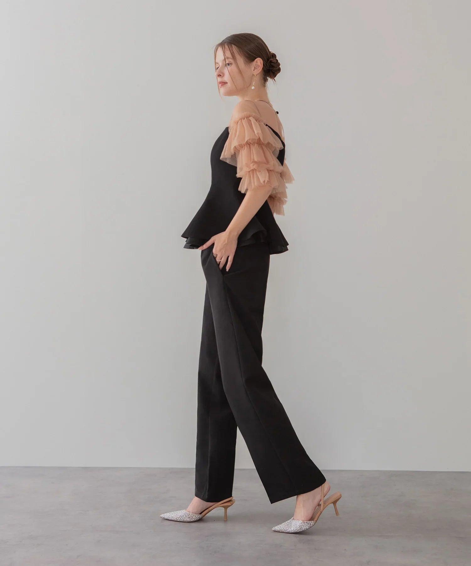 【当日発送】チュールスリーブペプラムセットアップパンツドレス