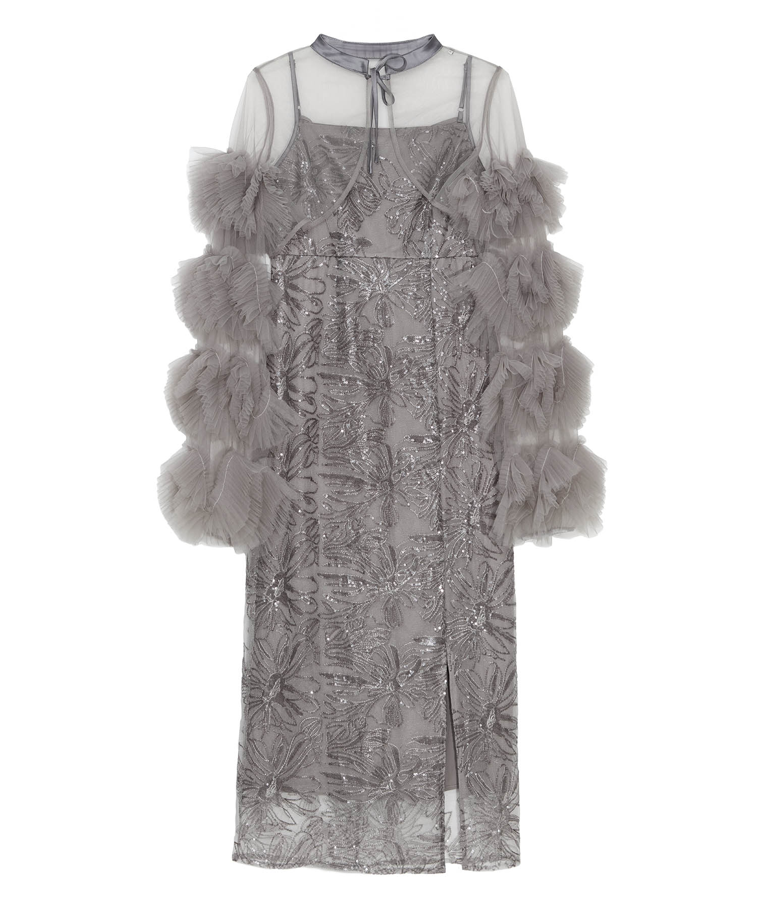 【一部当日発送】フリルチュールスリーブリボンIラインワンピースドレス