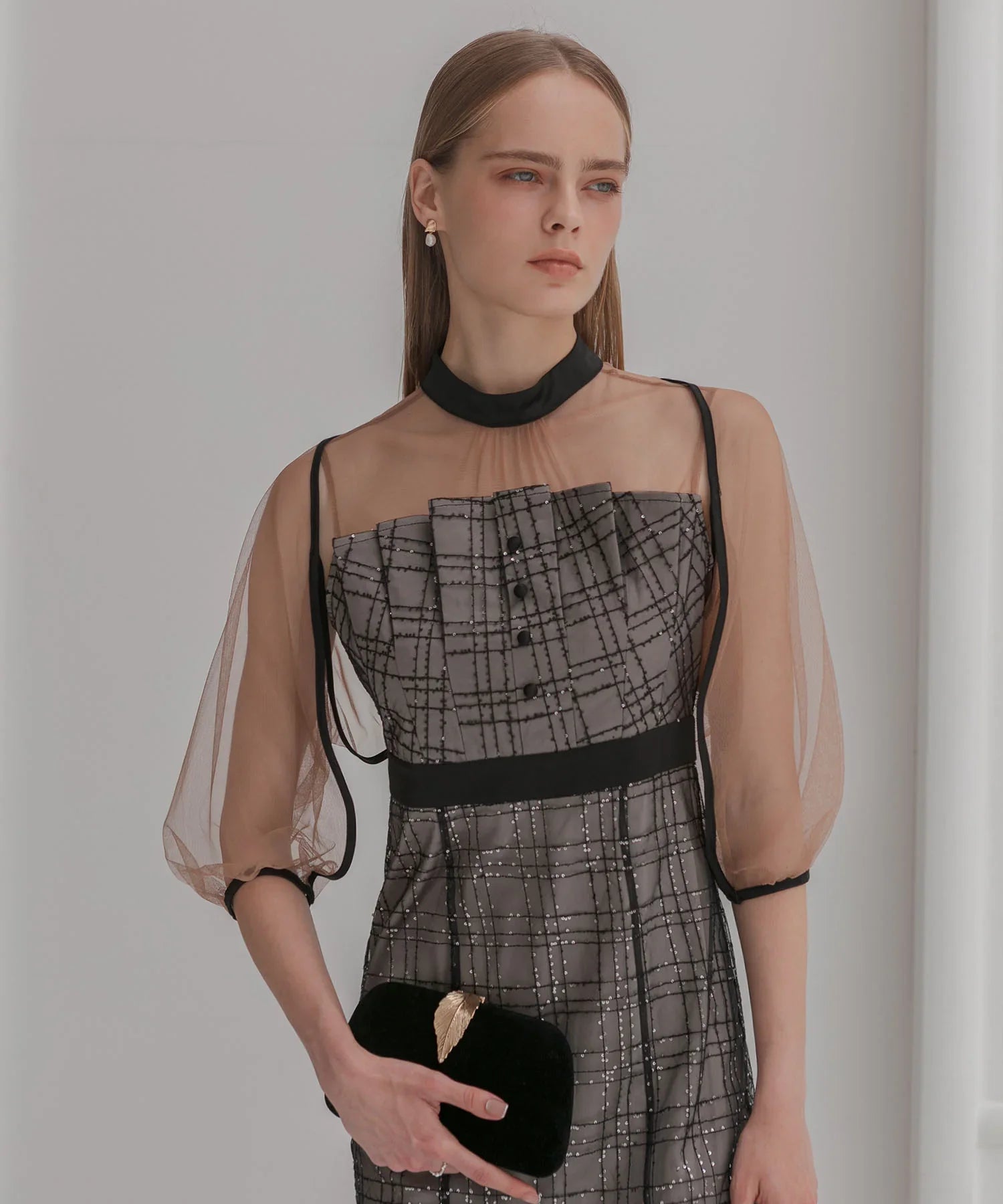 当日発送】ラメチェックチュールボレロIライン結婚式ドレス