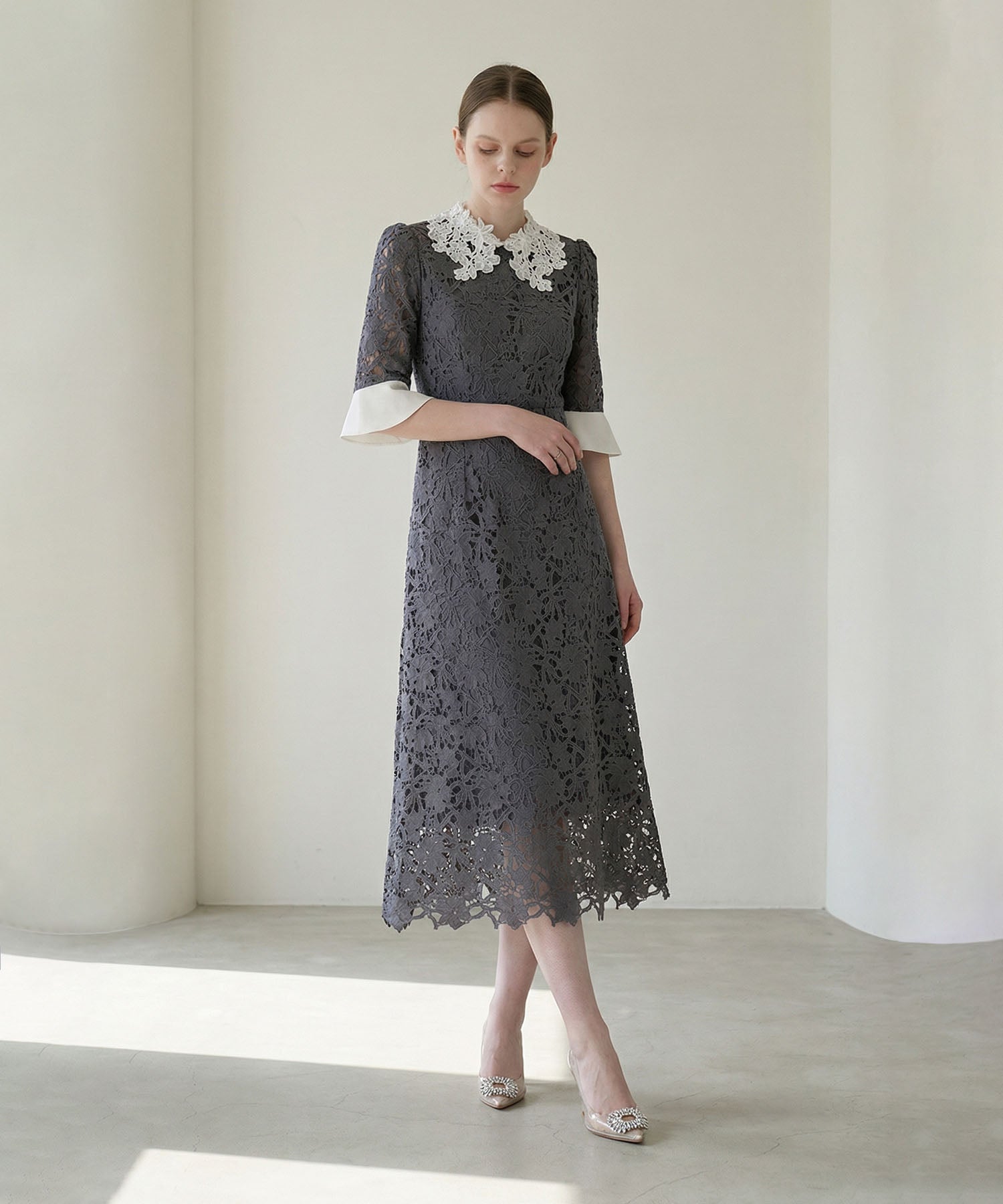 [Same-day shipping] Floral lace collar sequin A-line dress