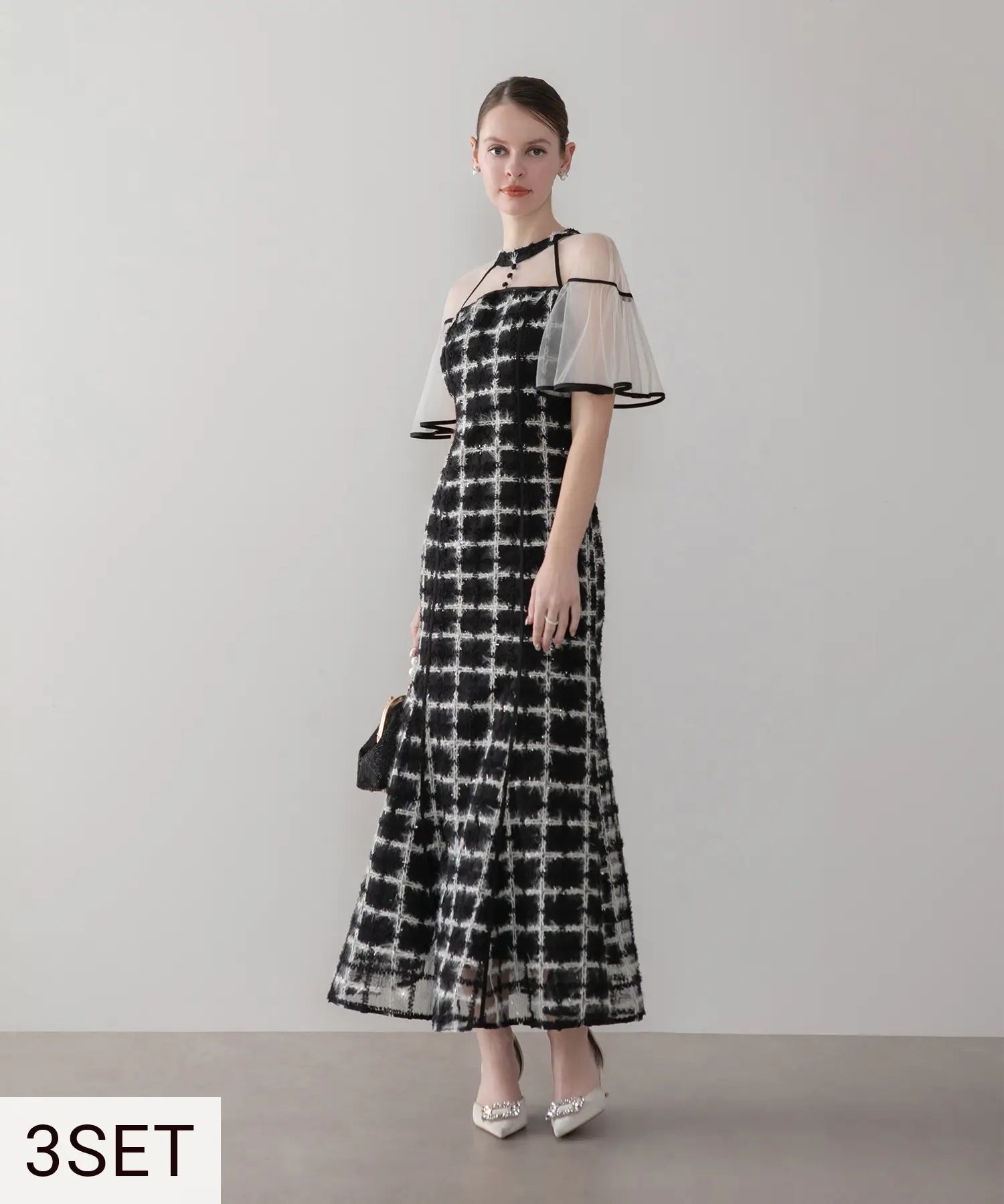 【骨格ウェーブ3点セット】ツイードチェックフリルマーメイドドレス+4WAYプリーツバッグ+カーブラインドロップパールピアス