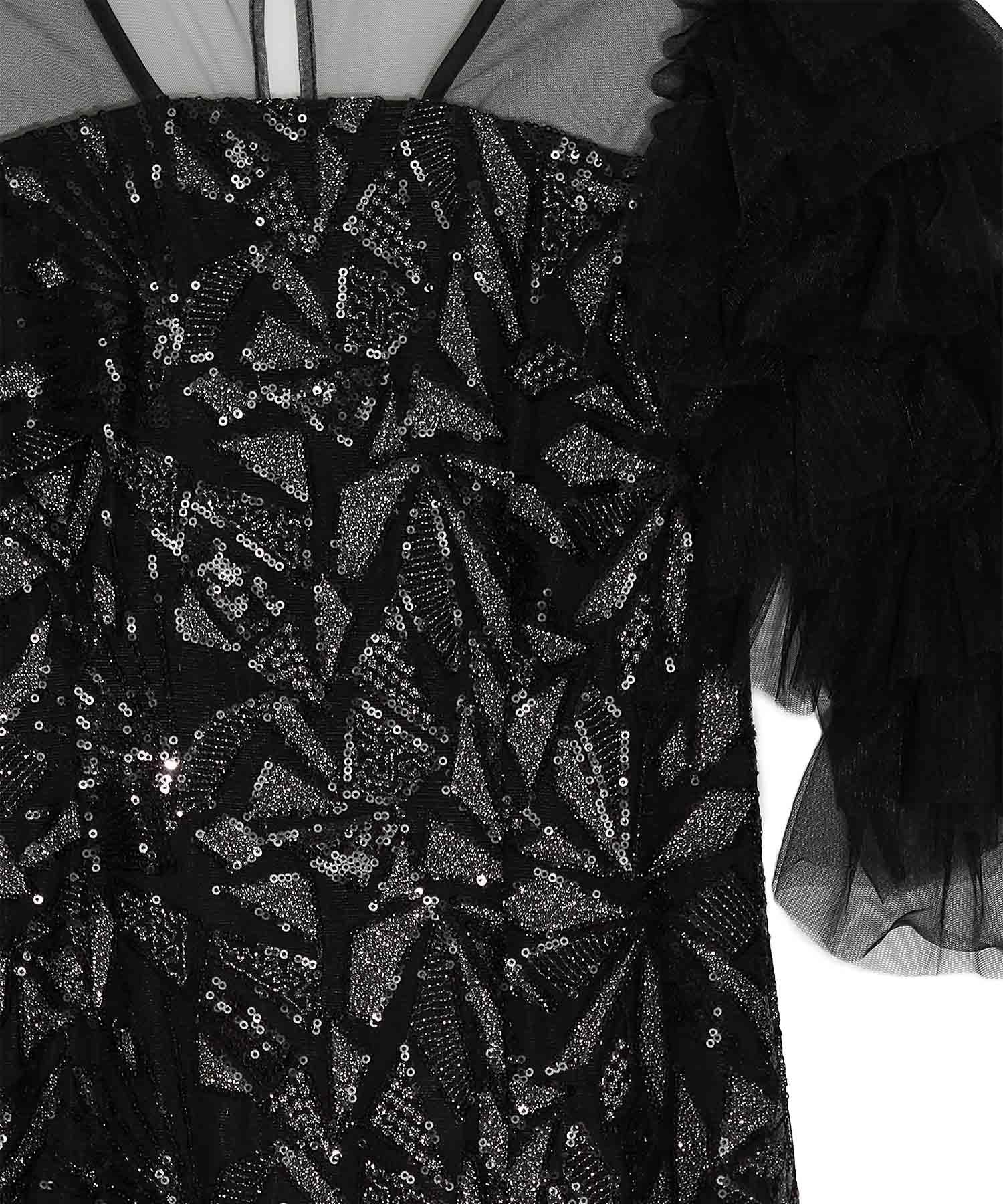 当日発送】チュールフリルスリーブスパンコールIラインワンピースドレス