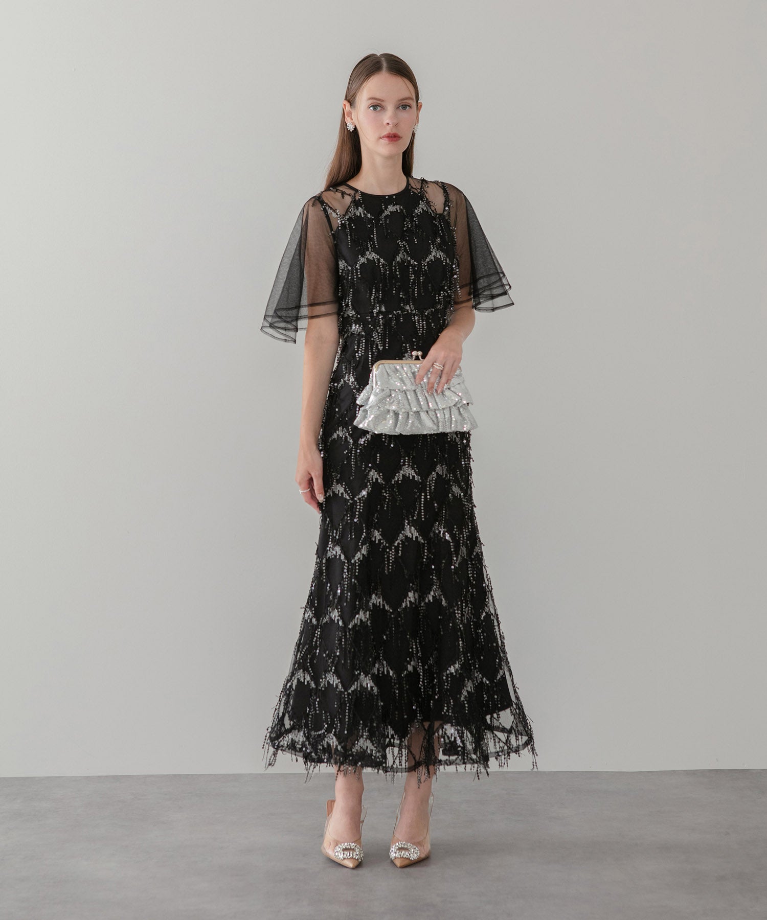 【当日発送】チュールスリーブスパンコールマーメイドワンピースドレス