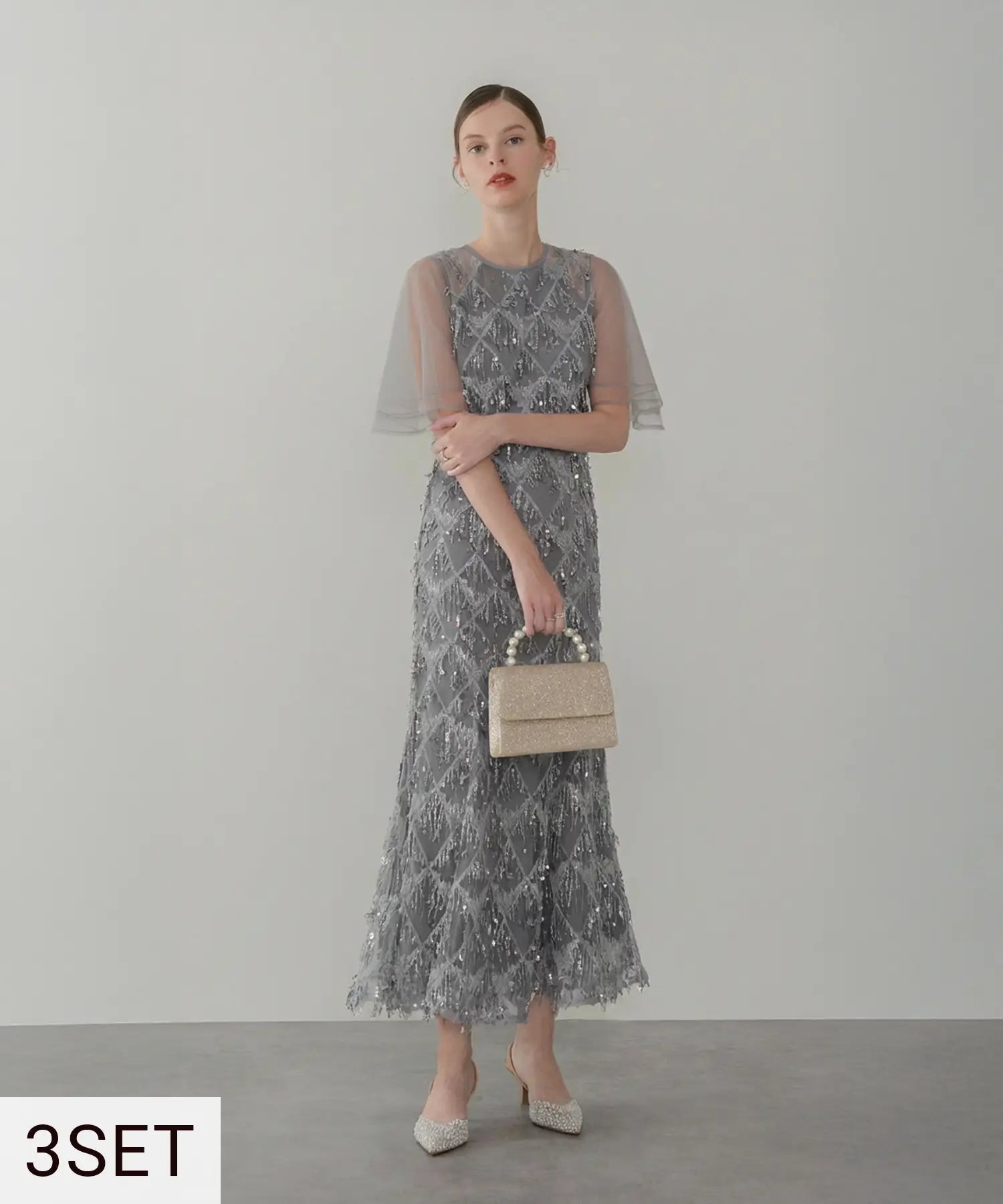 【骨格ストレート3点セット】チュールスリーブスパンコールマーメイドレス+2WAYグリッターバッグ＋パールビジューブレスレット