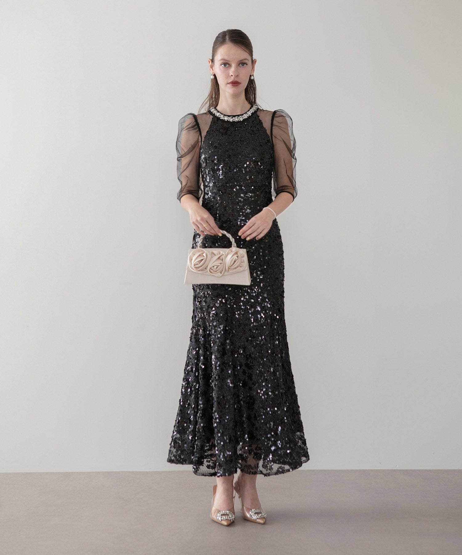 【SOLD OUT】ビジューネックスパンコールシアーマーメイドワンピースドレス