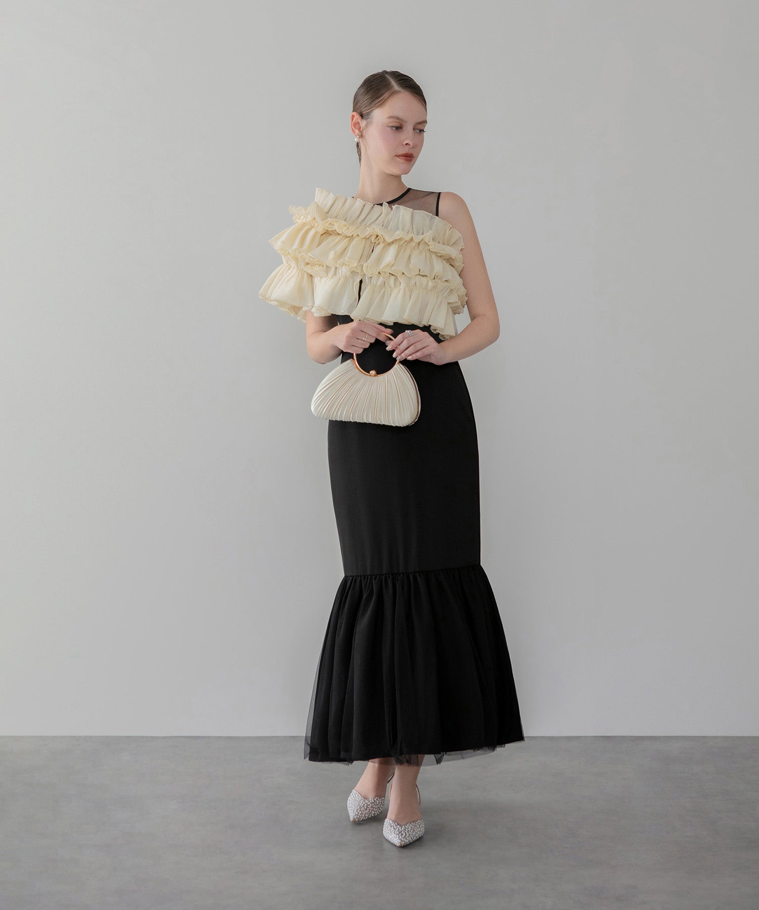 【COMING SOON】3WAYアシンメトリーチュールフリルワンピースドレス