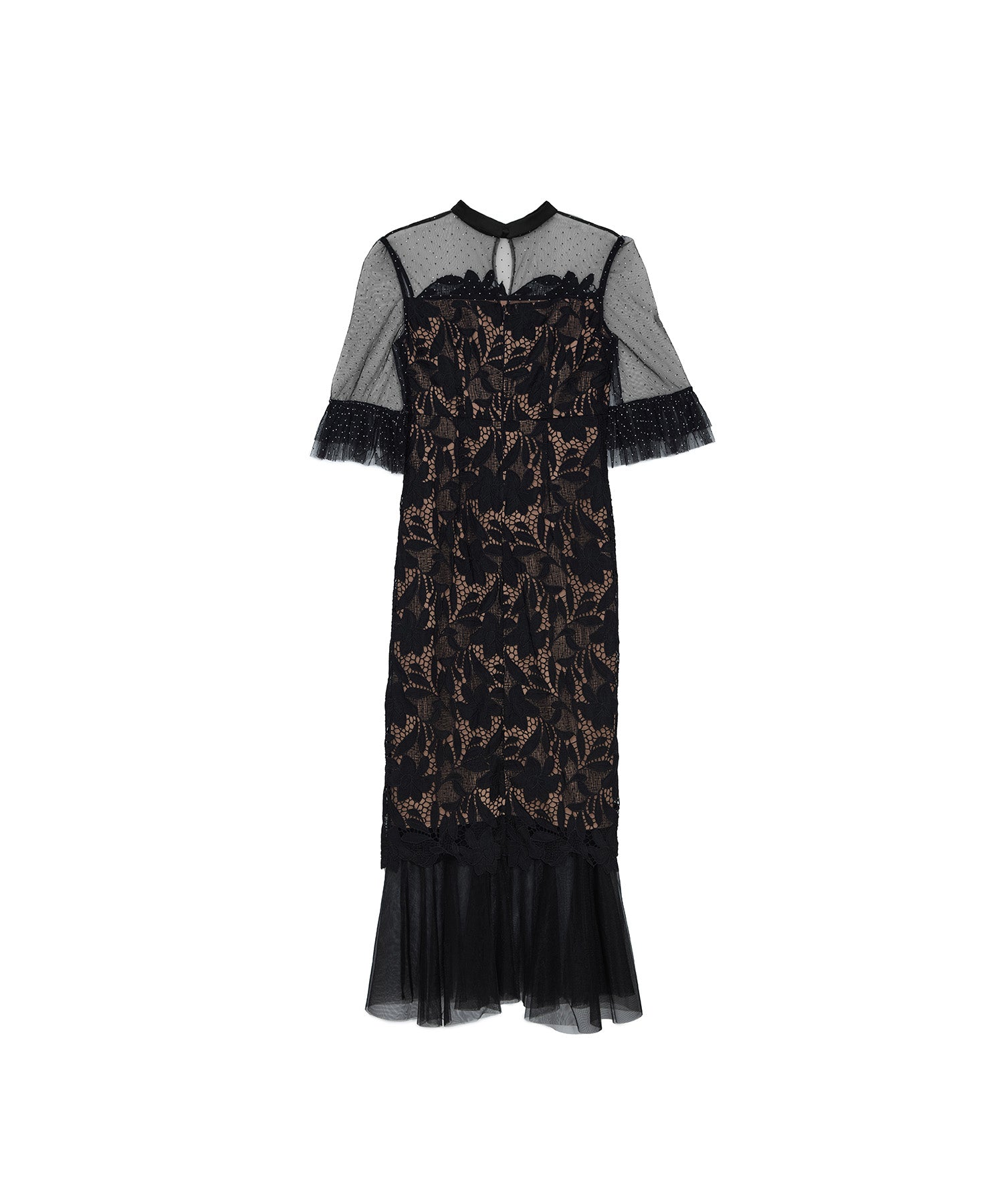 フラワーレースドットストーンチュールIラインワンピースドレス結婚式二次会成人式 LEJA】フラワーレースドットストーンチュールIラインワンピース