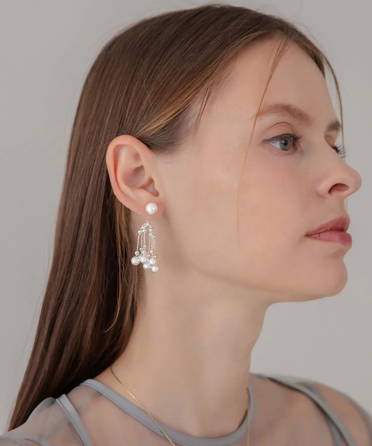 【当日発送】シルバーボールチェーンパールドロップピアス