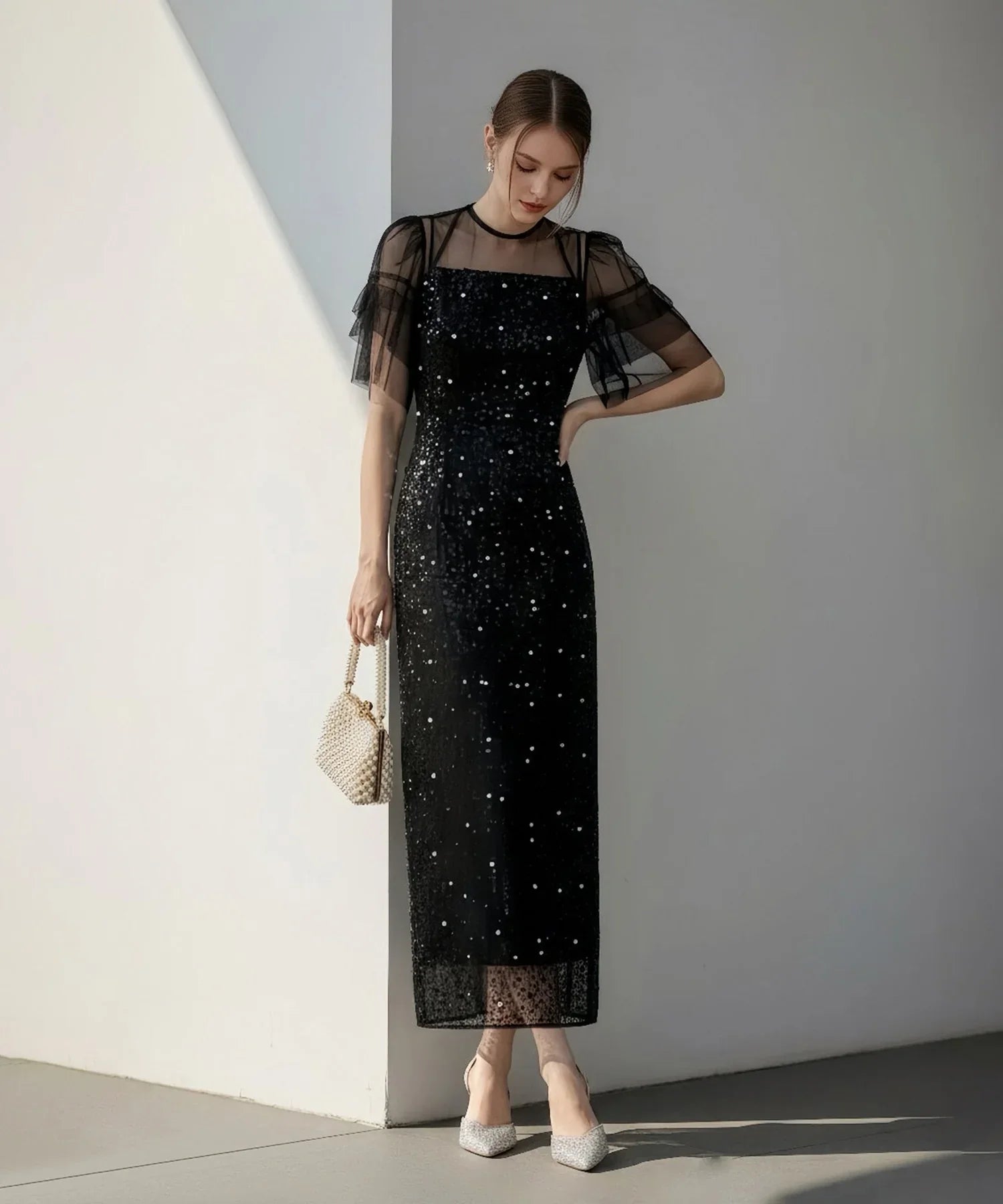 【当日発送】スパンコールパールミックスボレロIラインワンピースドレス