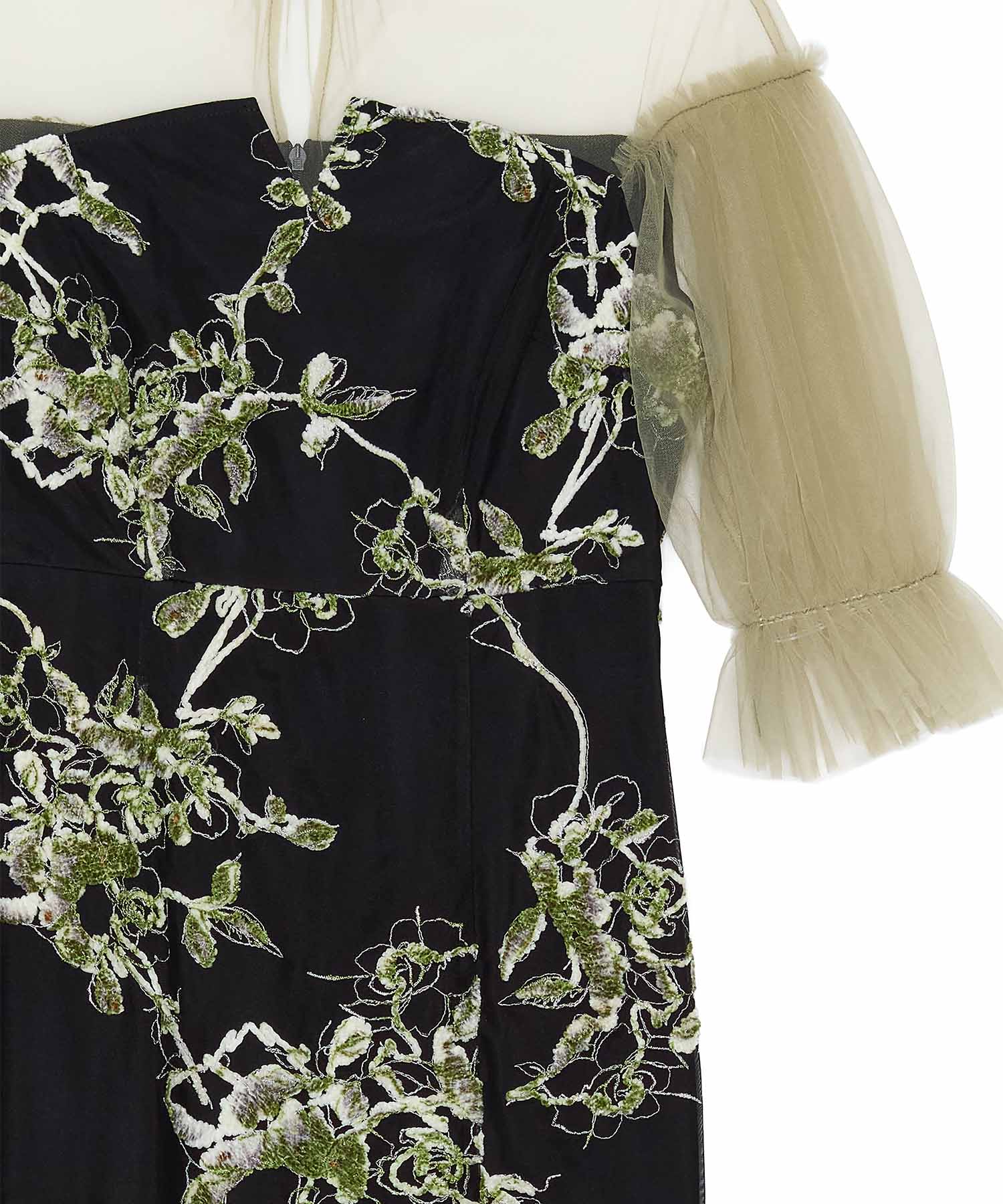 フラワーリリーフマテリアルボリュームスリーブIラインワンピースドレス結婚式二次会 当日発送】フラワーリリーフマテリアルボリュームスリーブIライン