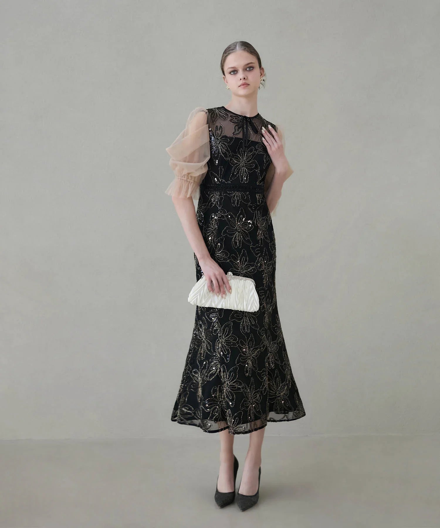 【予約販売】スパンコールフラワーリボンチュールワンピースドレス