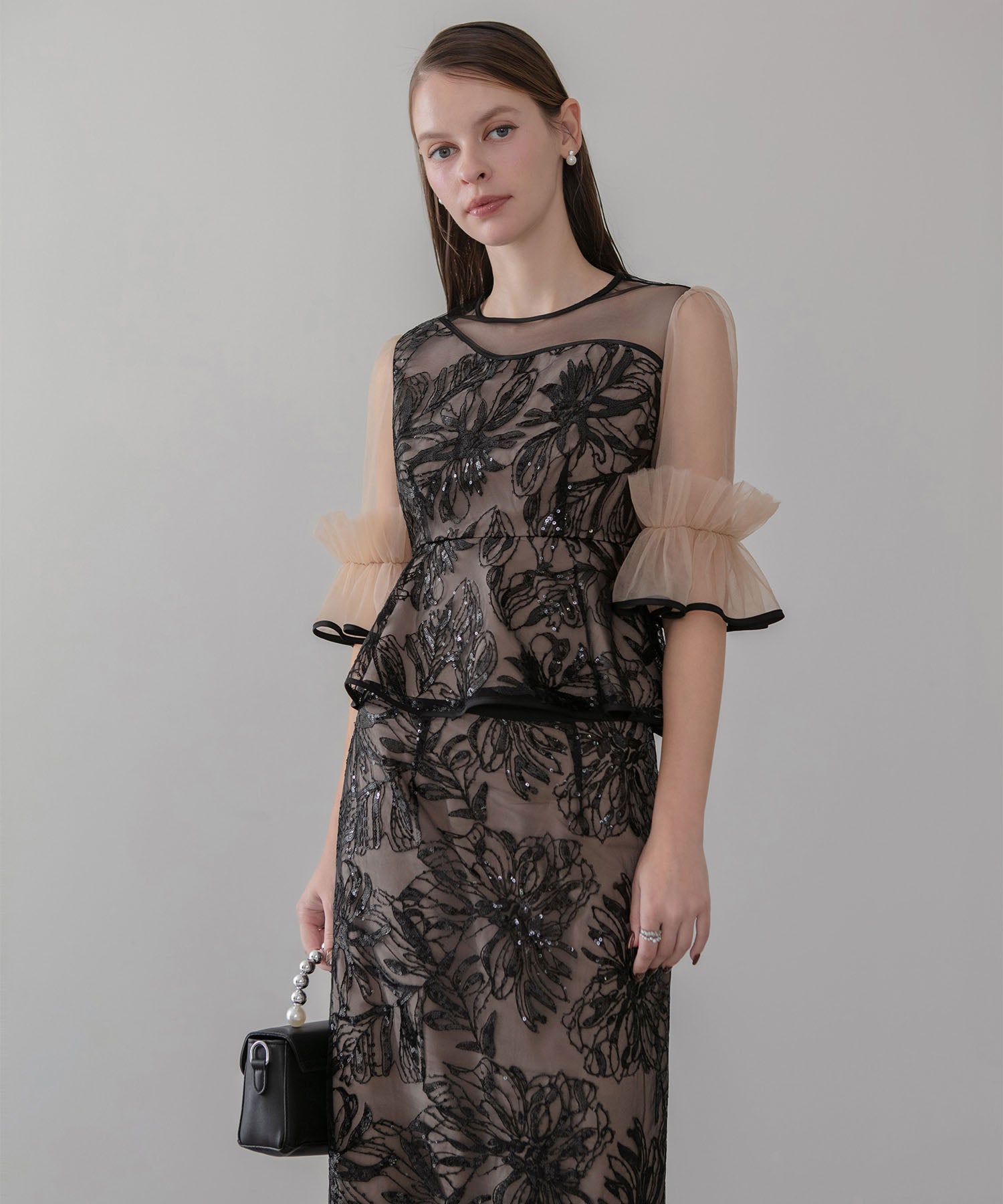 【当日発送】アシンメトリーシアーフラワースパンコールフリルチュール セットアップドレス